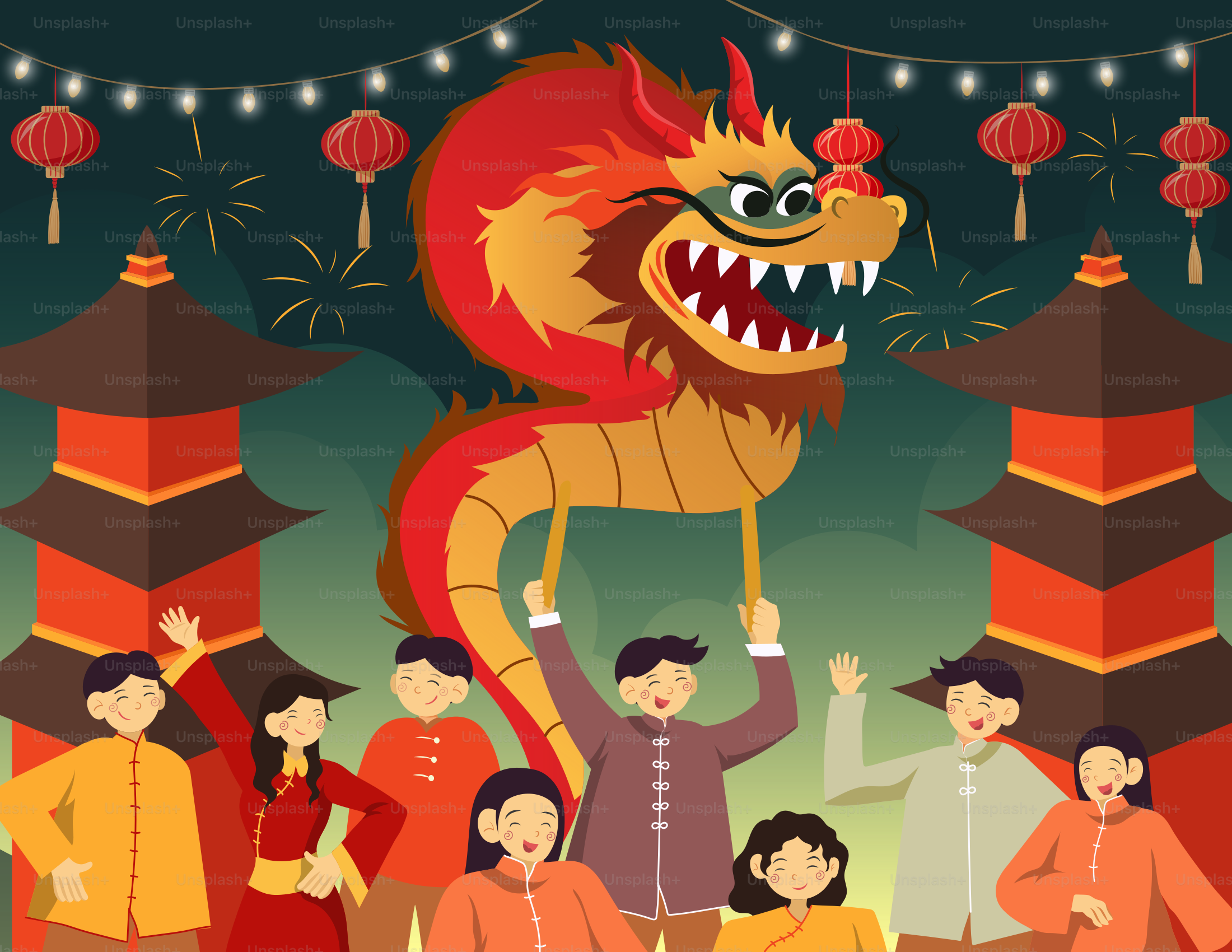 A group of people standing in front of a dragon