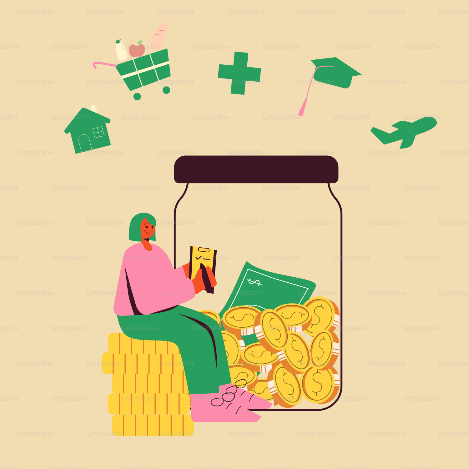 Une personne assise sur un canapé à côté d’un bocal rempli d’argent