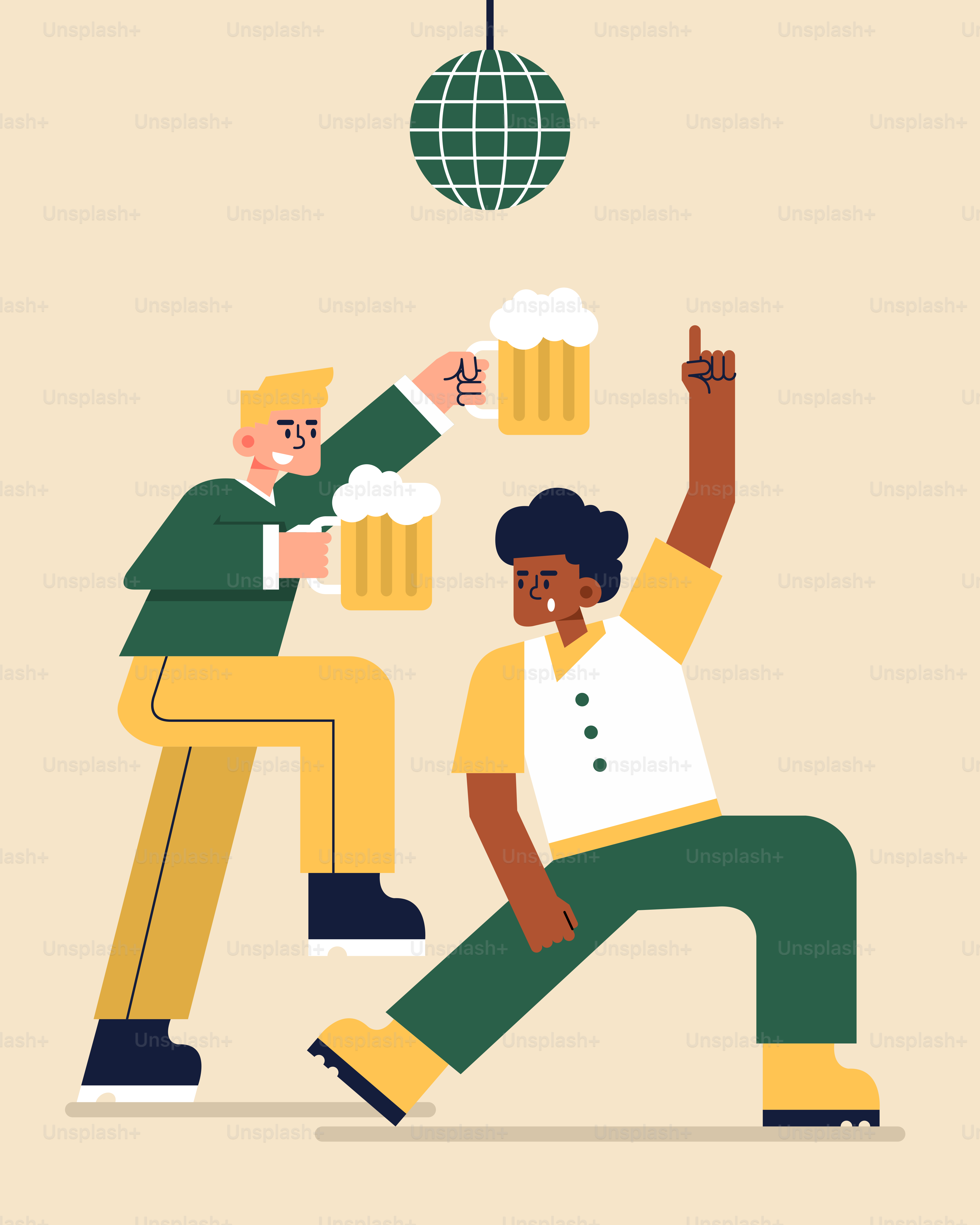 Deux hommes dansent, verres à bière à la main