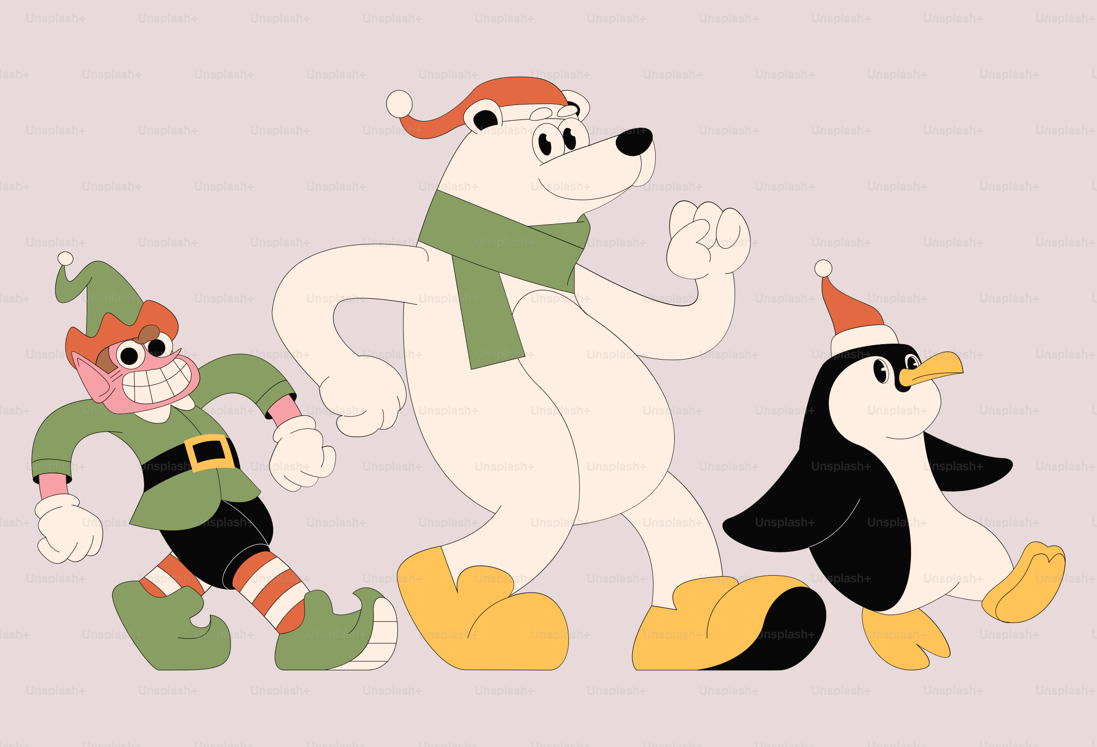 A group of cartoon animals wearing hats and scarves