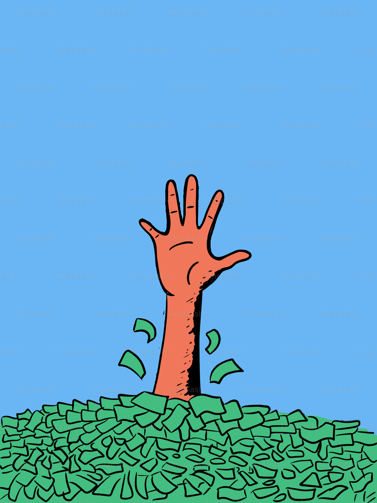 Una mano che spunta da un mucchio di soldi