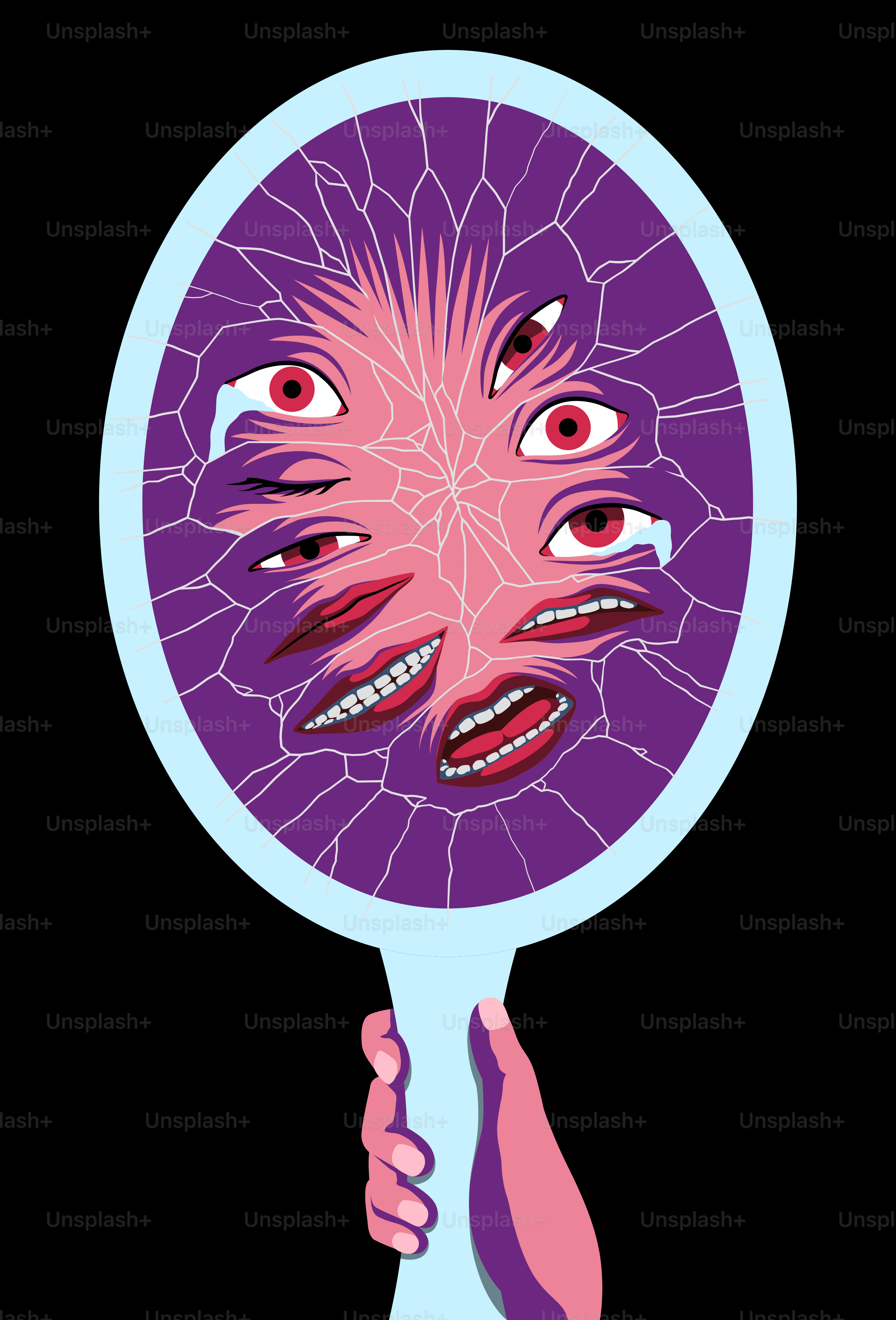 A hand holding a mirror with a creepy face on it