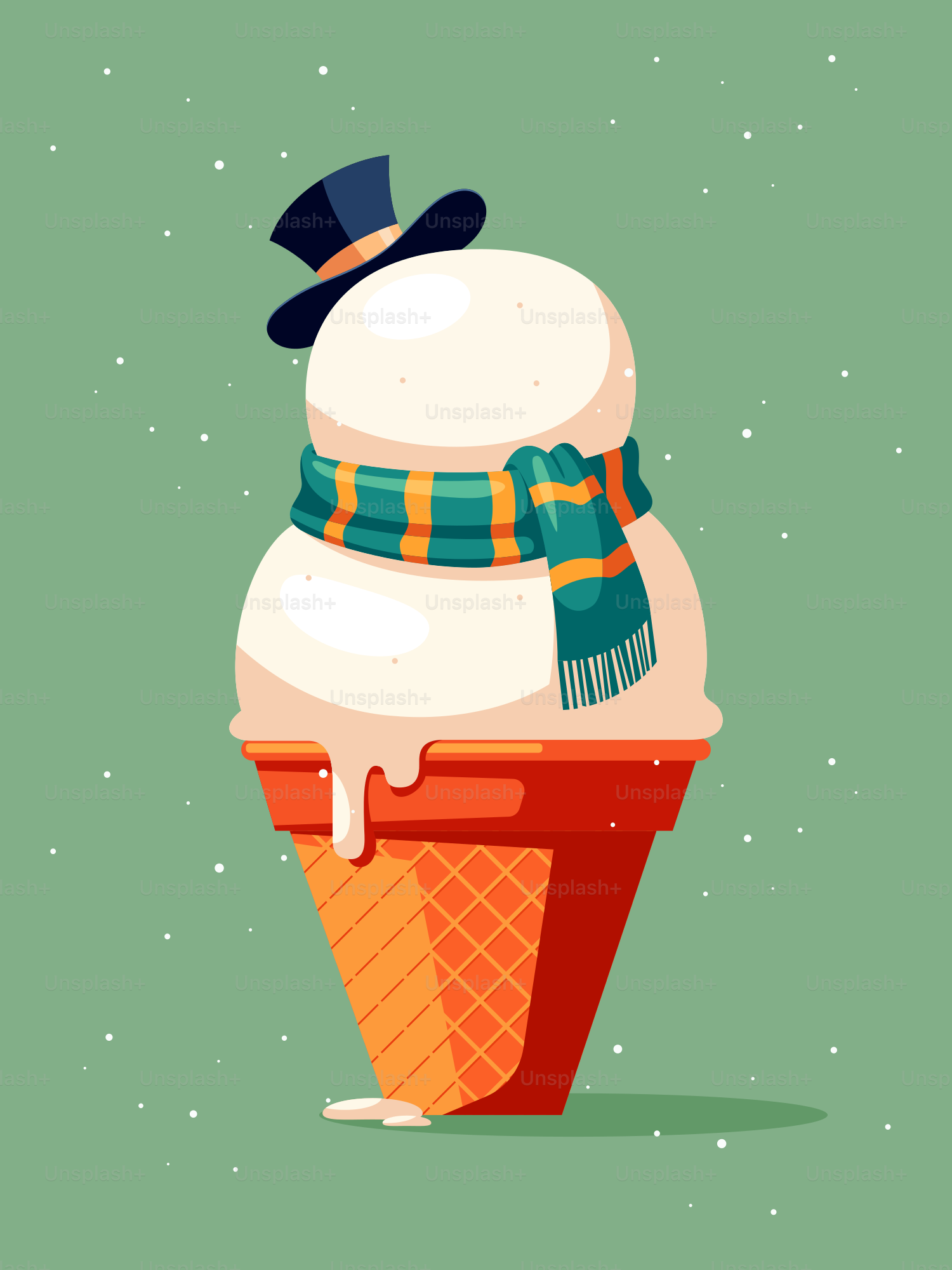 An ice cream cone with a hat and scarf on top of it