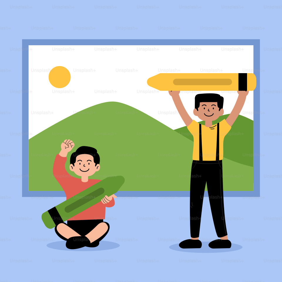 A man holding a giant pencil over his head while another man holds a large pencil