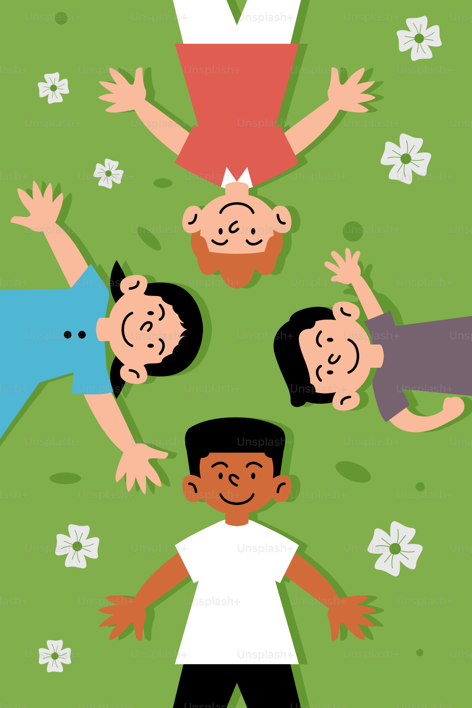 A group of people laying on top of a green field