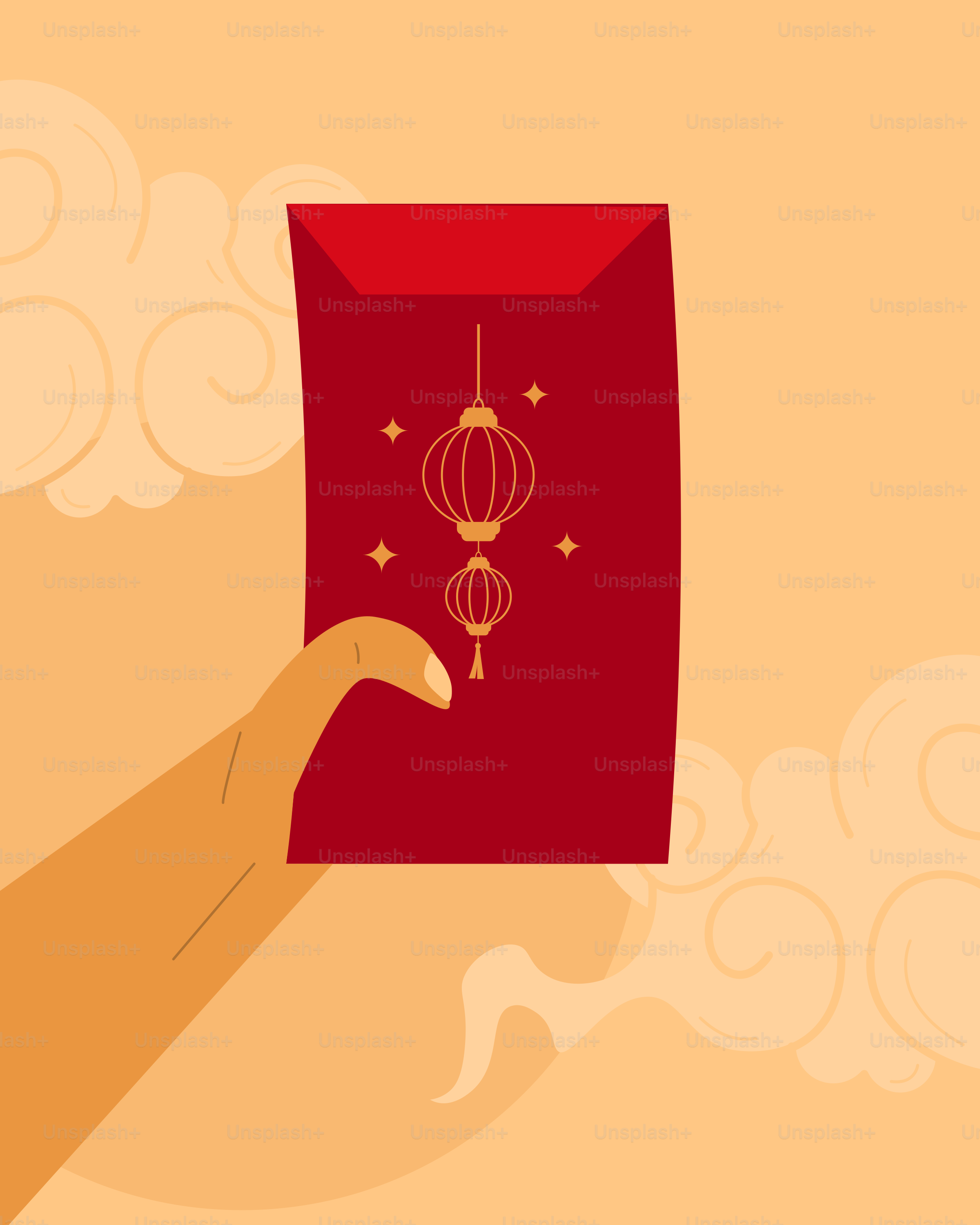 A hand holding a red envelope with a chinese symbol on it
