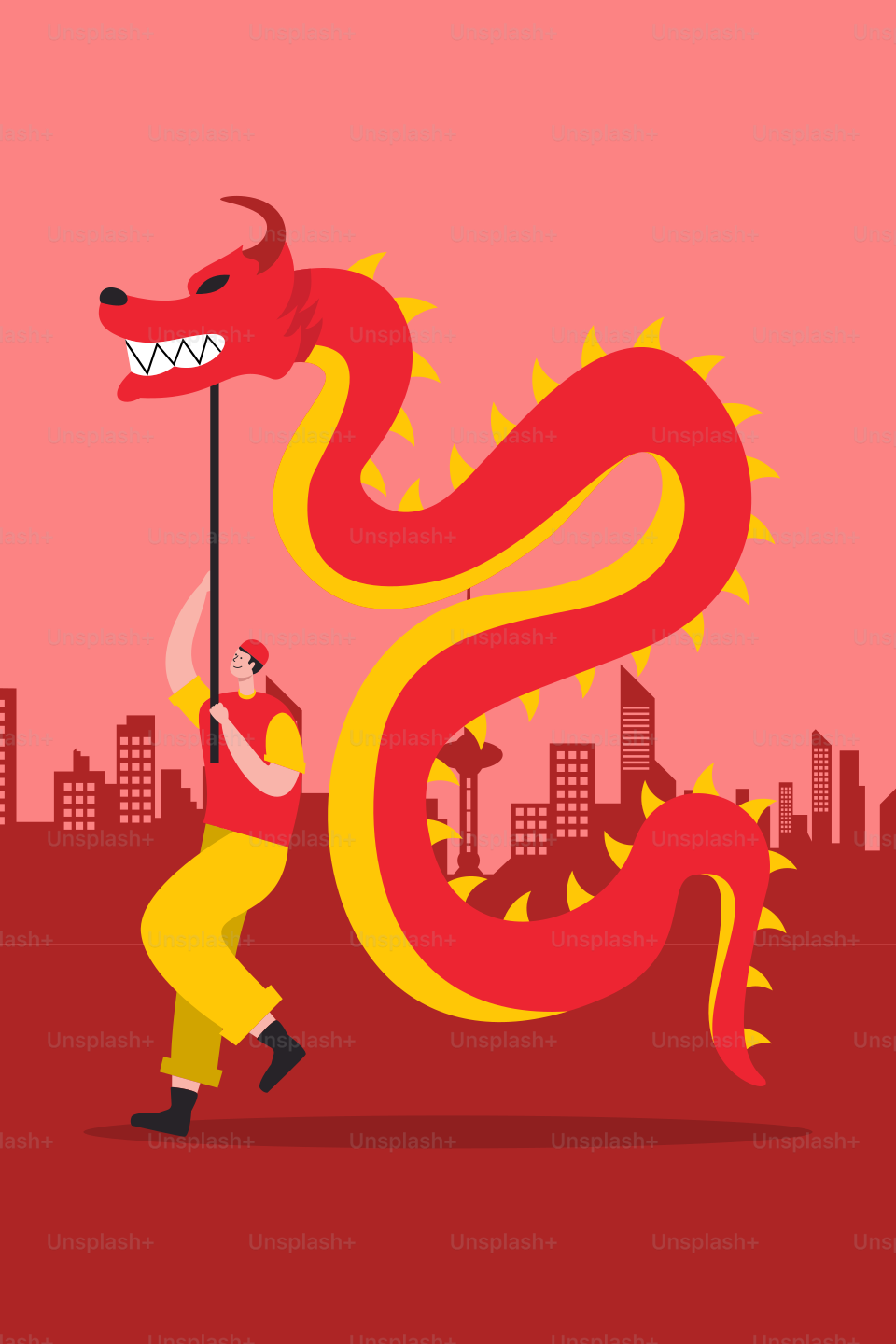 A man is holding a red and yellow dragon
