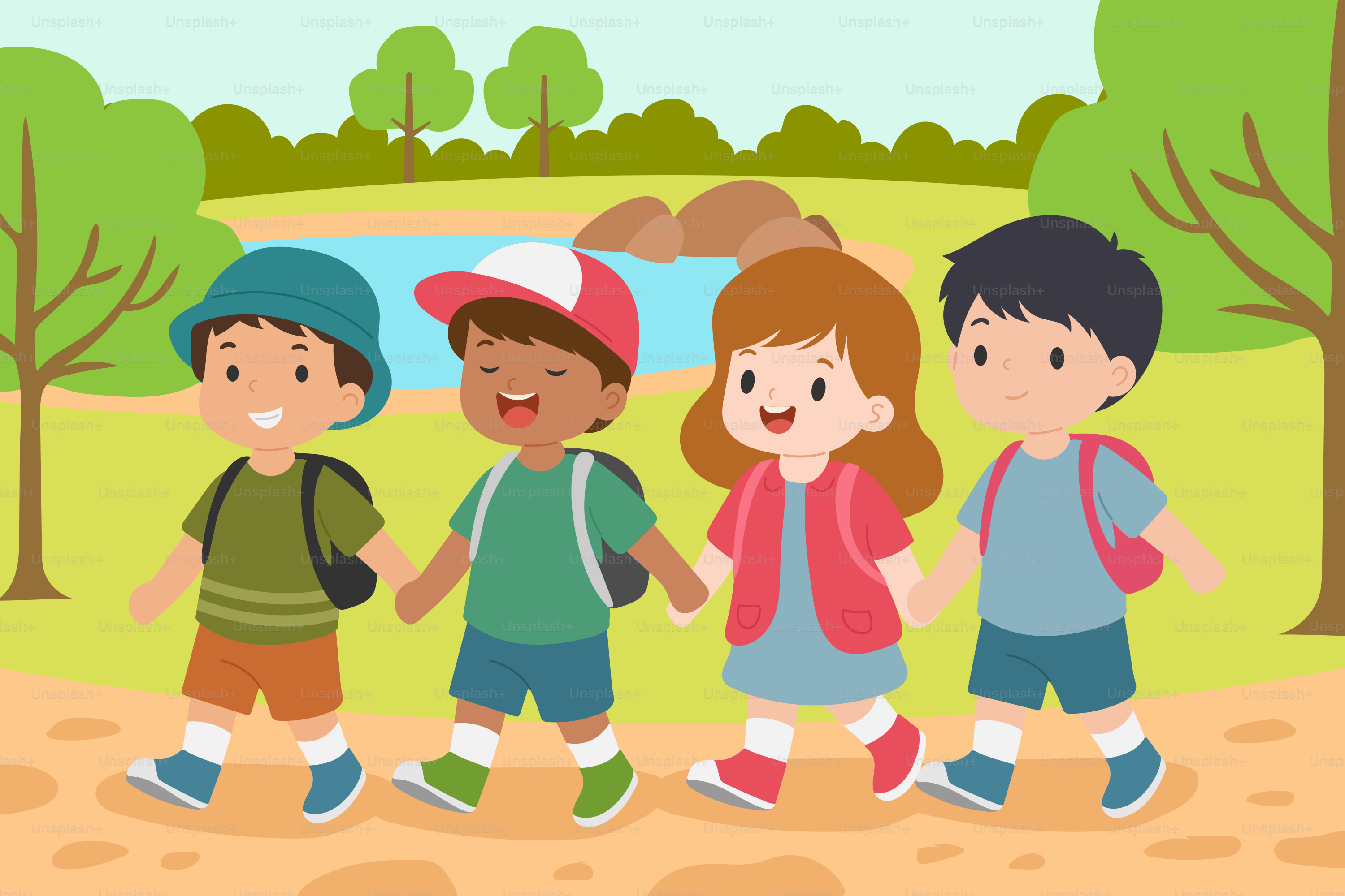 Un grupo de niños caminando por un camino de tierra vector – Imagen de  Educación en Unsplash, image size:3000x2000