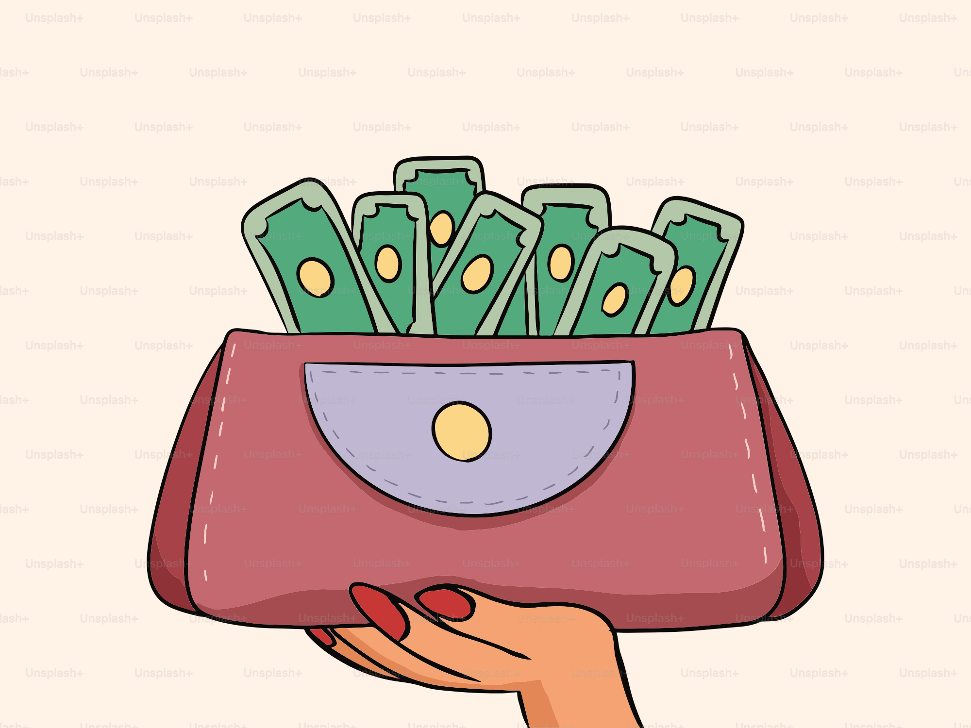 A woman's hand holding a purse full of money