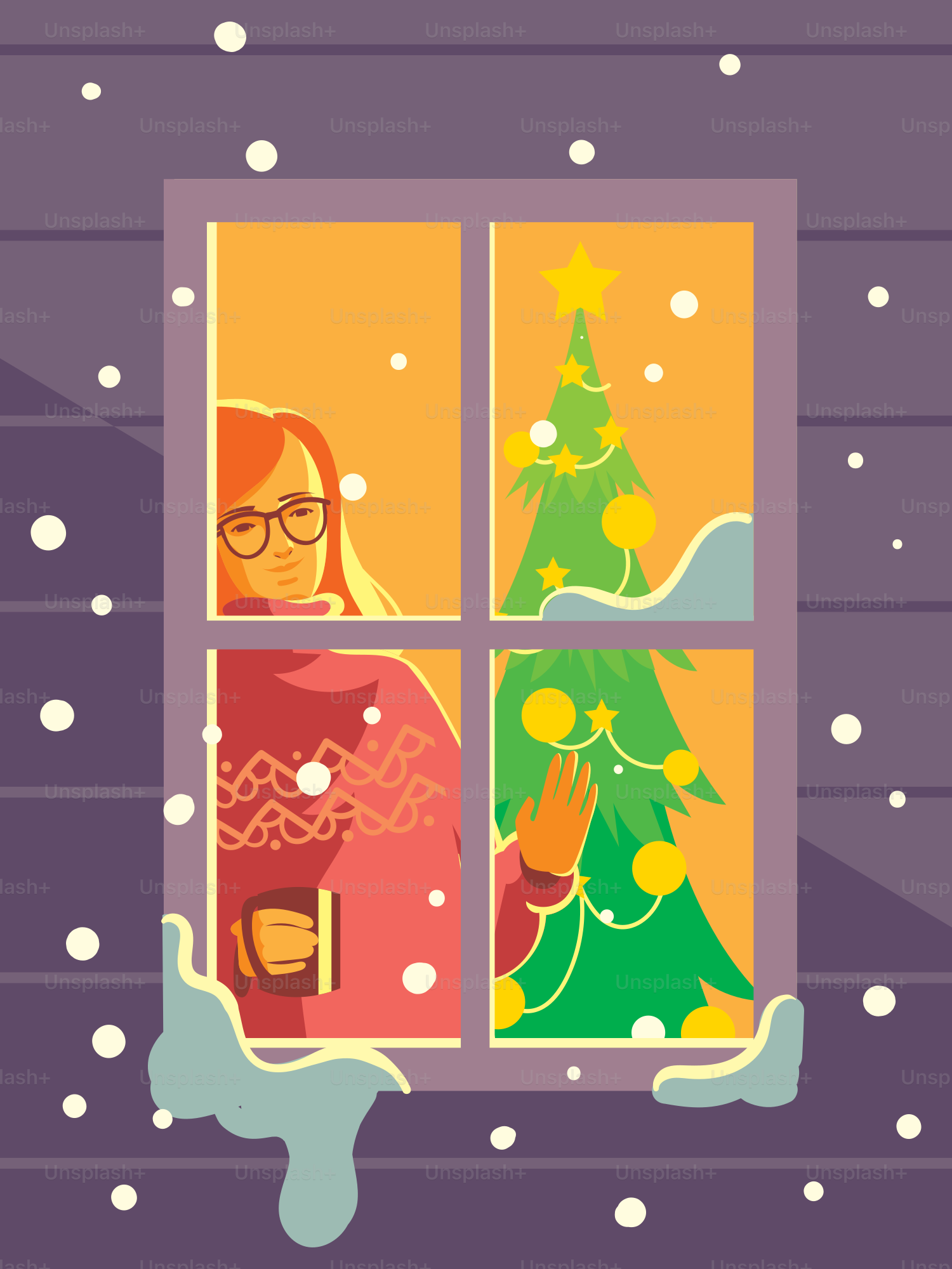 A woman looking out a window at a christmas tree