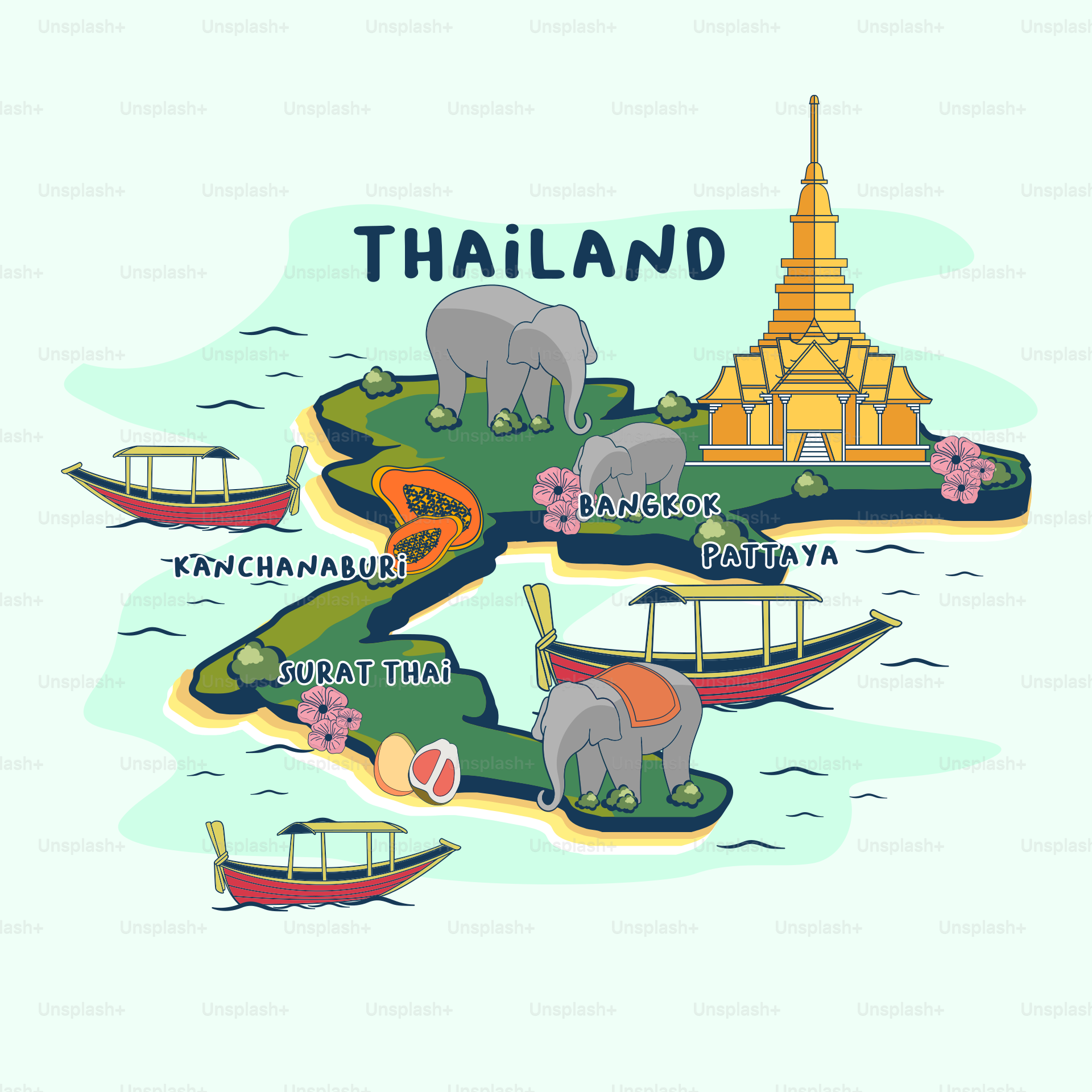 A map of thailand with elephants and boats
