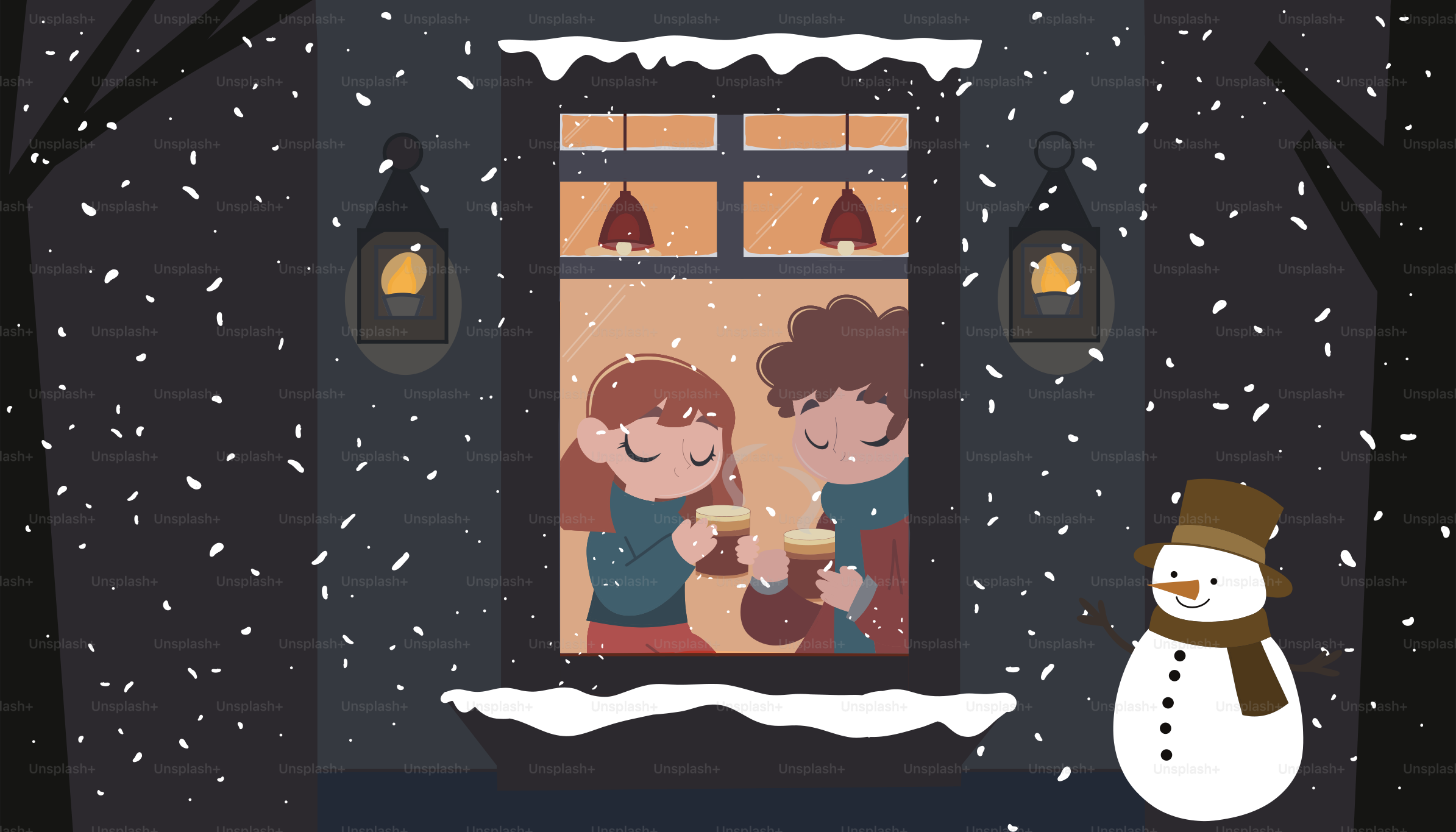 Ein Schneemann und ein Mädchen stehen vor einem Fenster