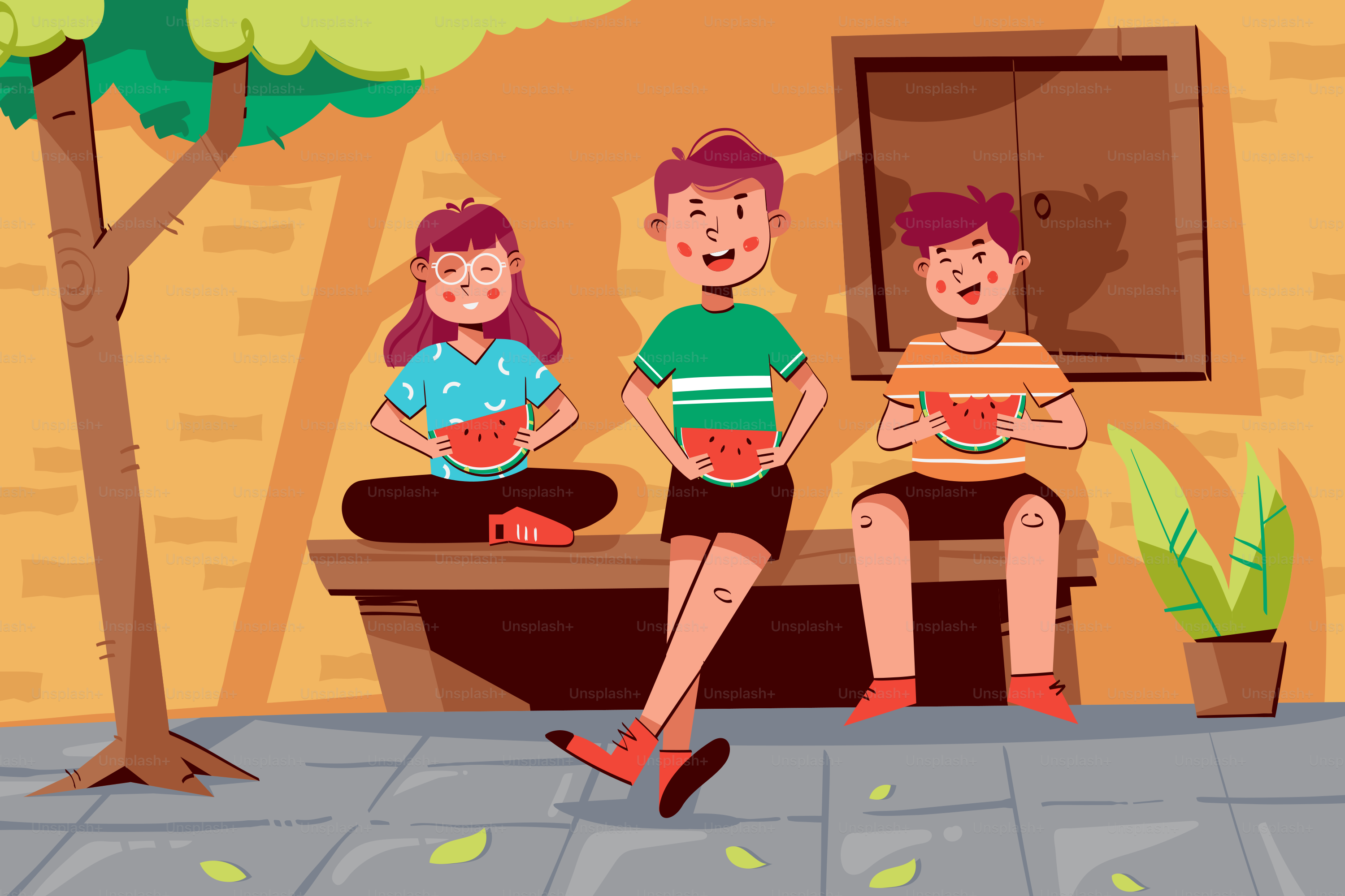 A group of people sitting on a bench in front of a tree