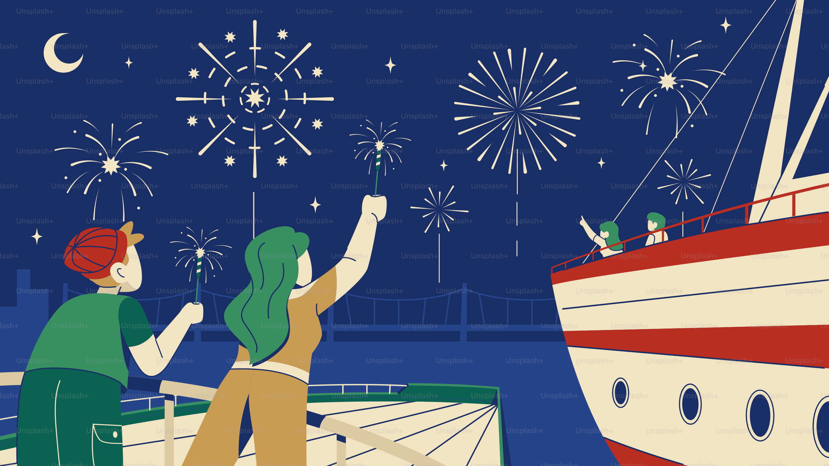 Un par de personas de pie junto a un barco