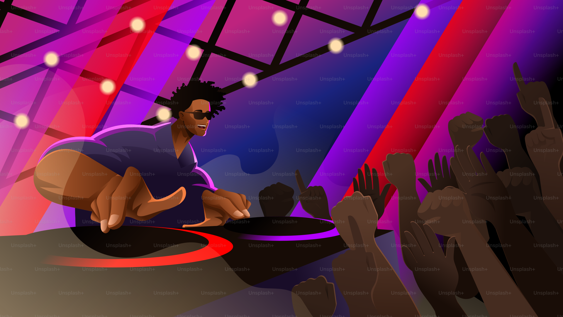 A man sitting on top of a turntable in front of a crowd of people