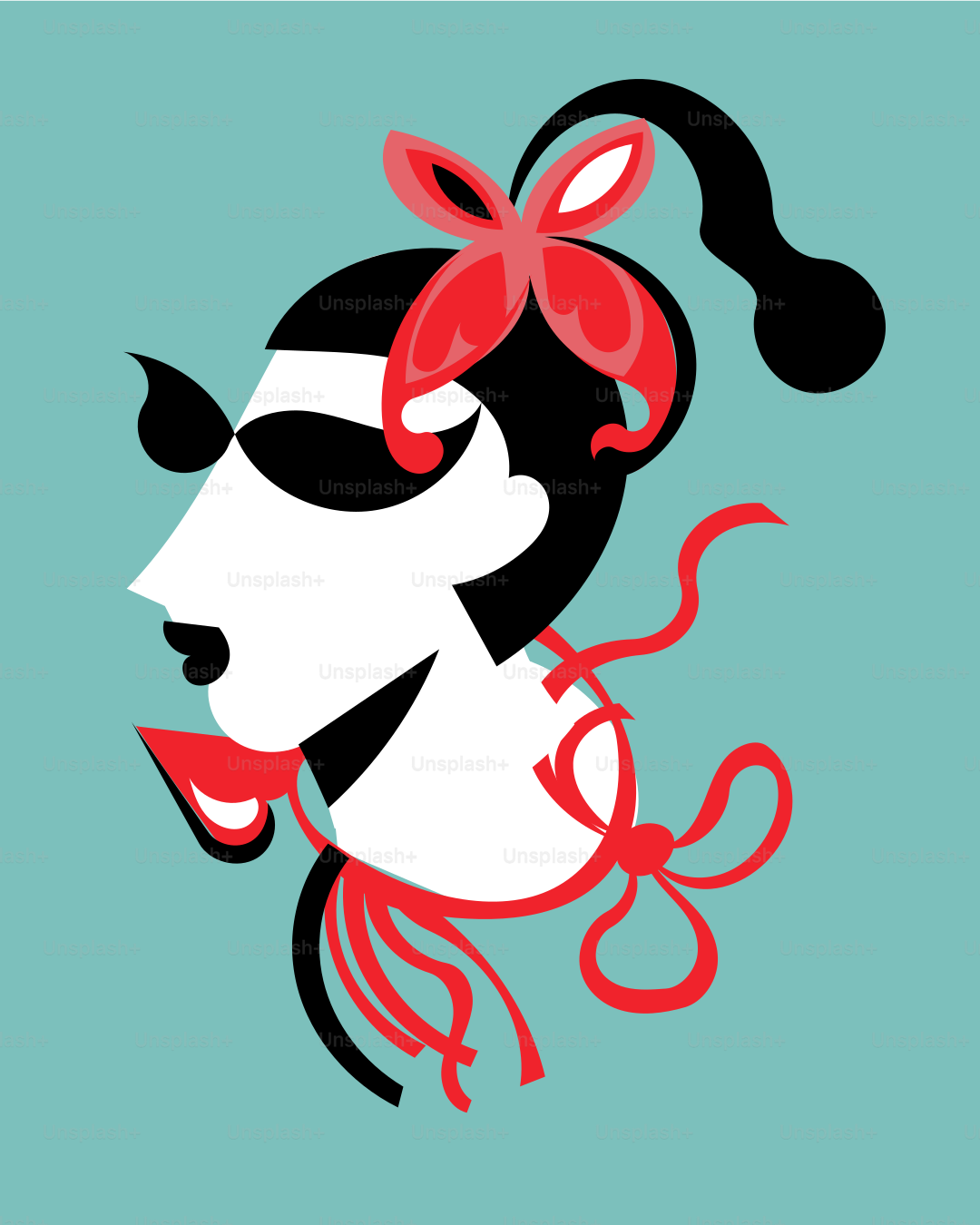 A woman with a red bow on her head