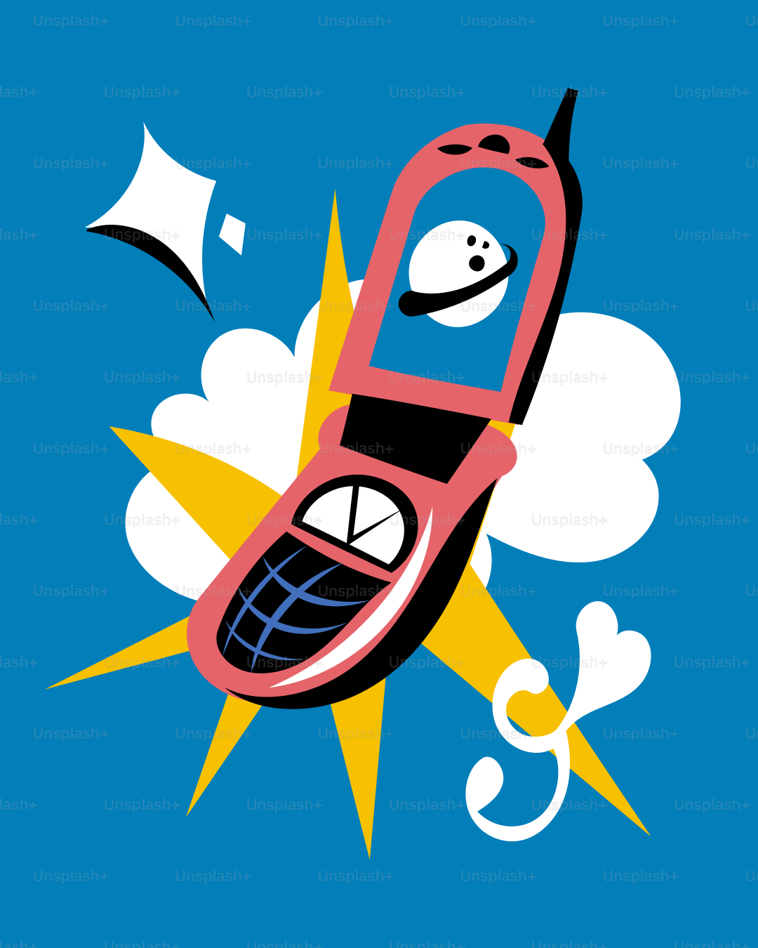 A cartoon cell phone flying through the air