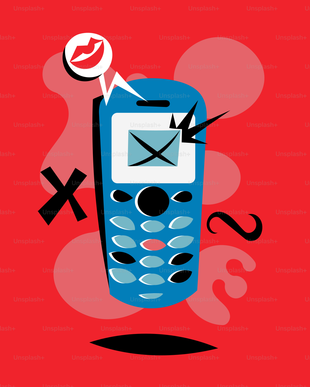 A blue cell phone with a red background