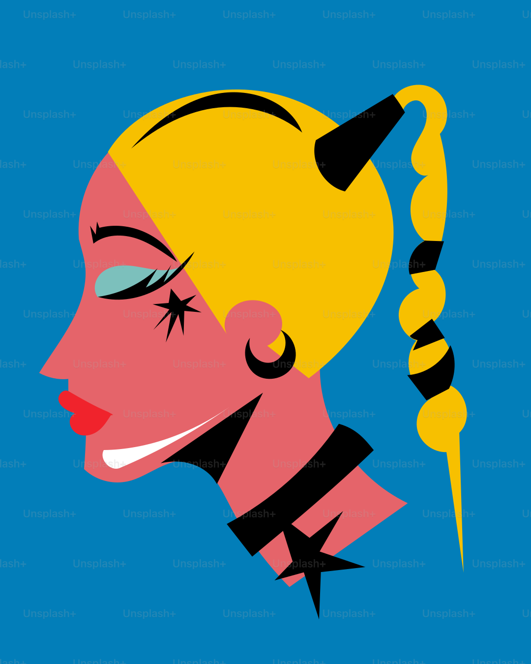 A woman's face with a ponytail in a blue background