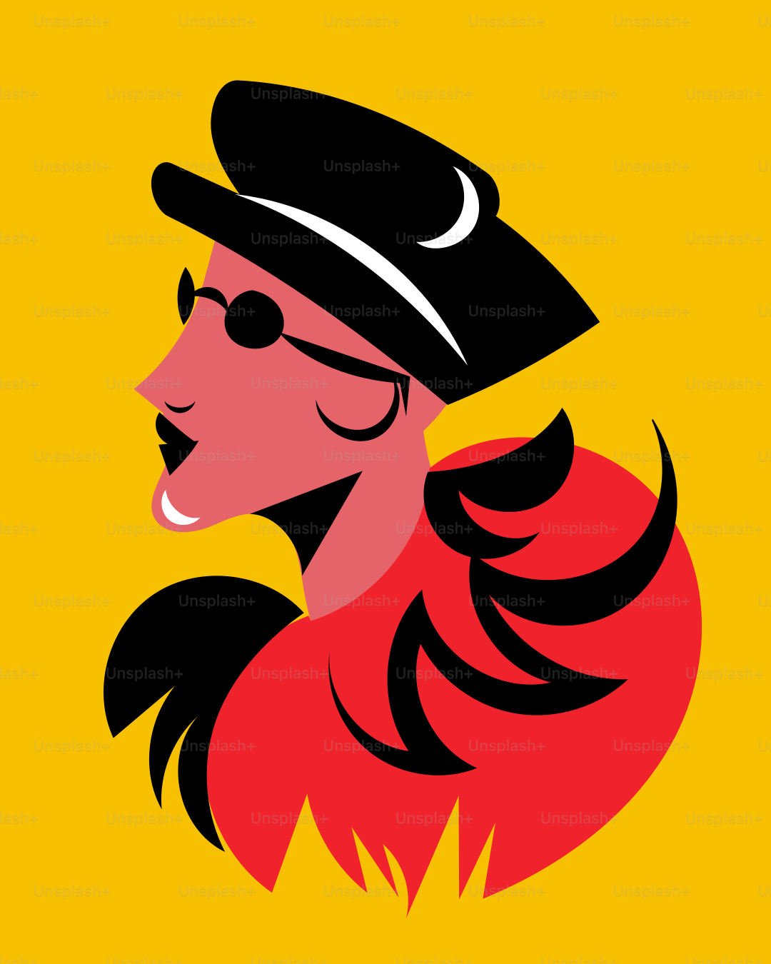 A woman wearing a hat and glasses on a yellow background