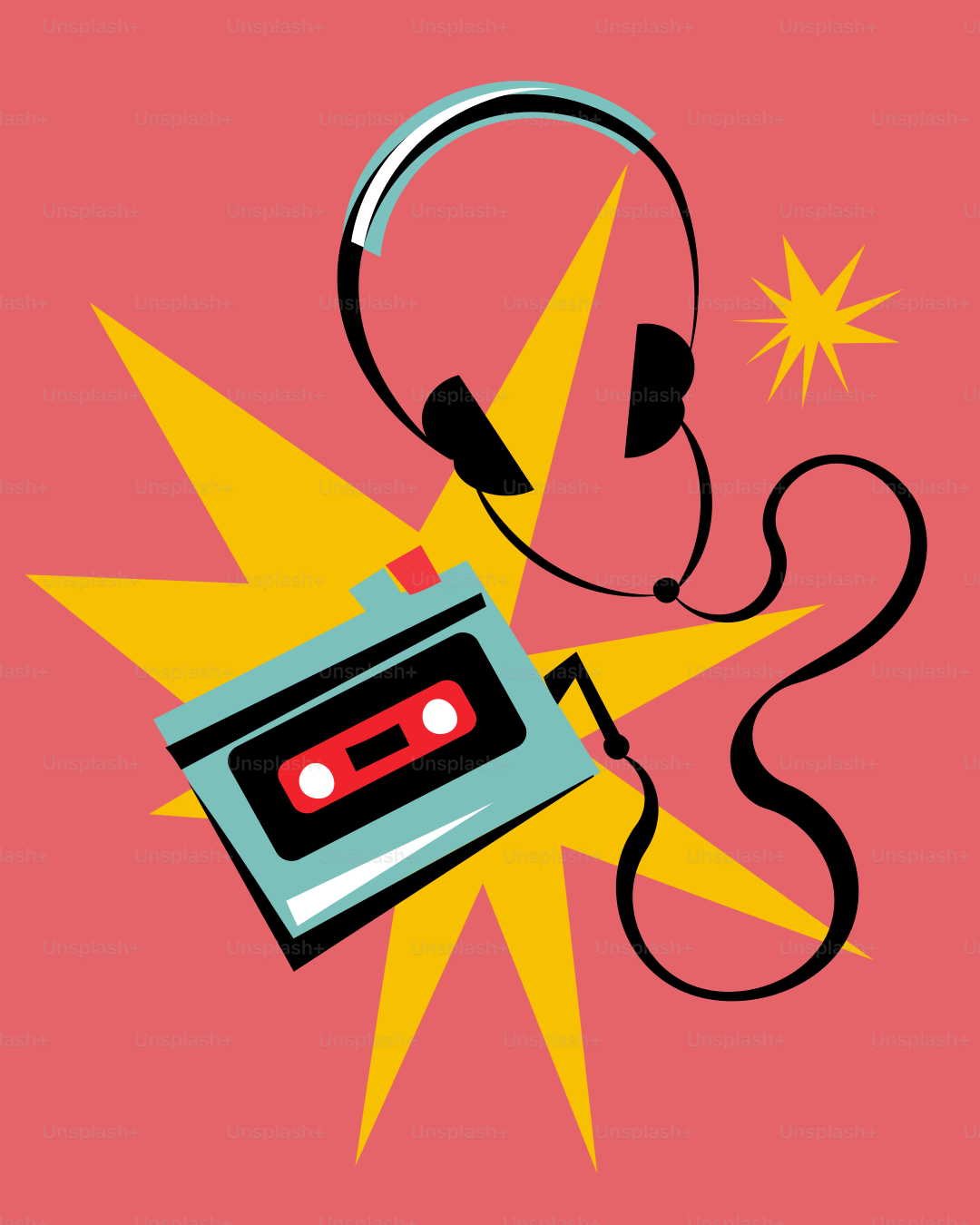 Gambar boombox dengan headphone di atasnya