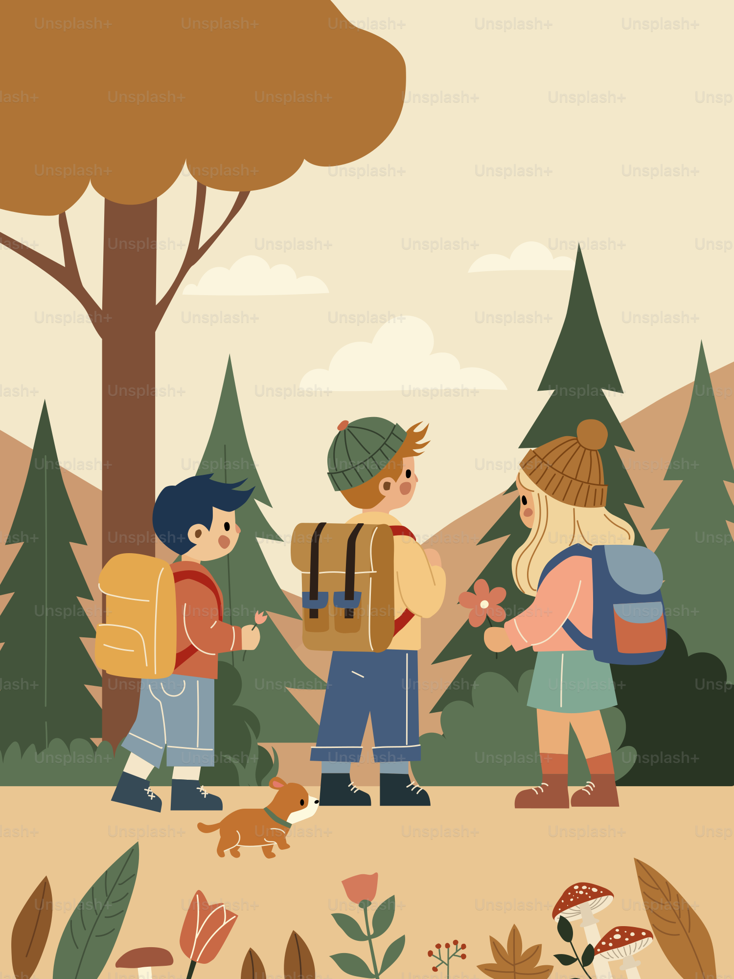 Um grupo de pessoas em pé ao redor de uma floresta