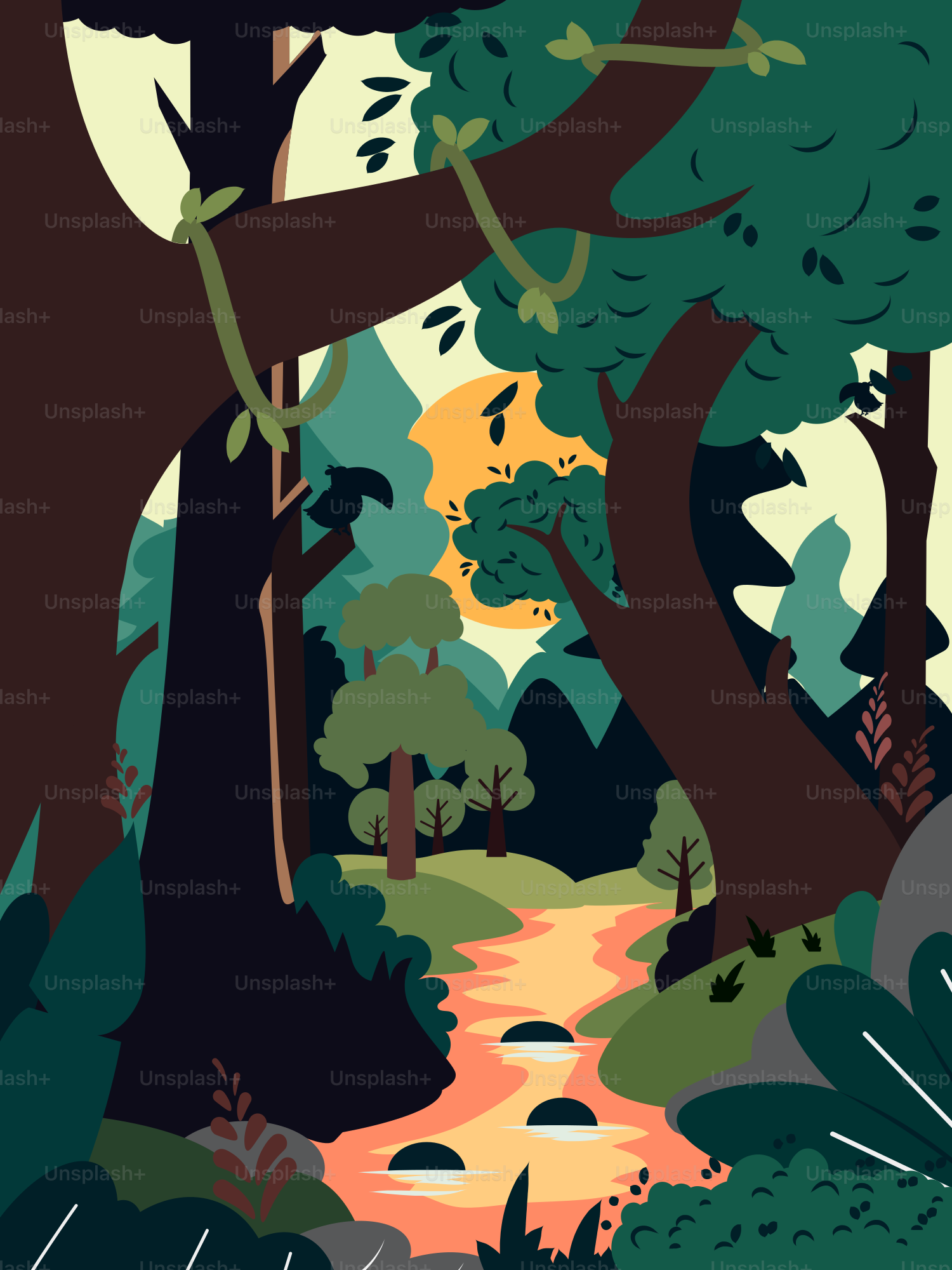 A painting of a forest with a stream running through it