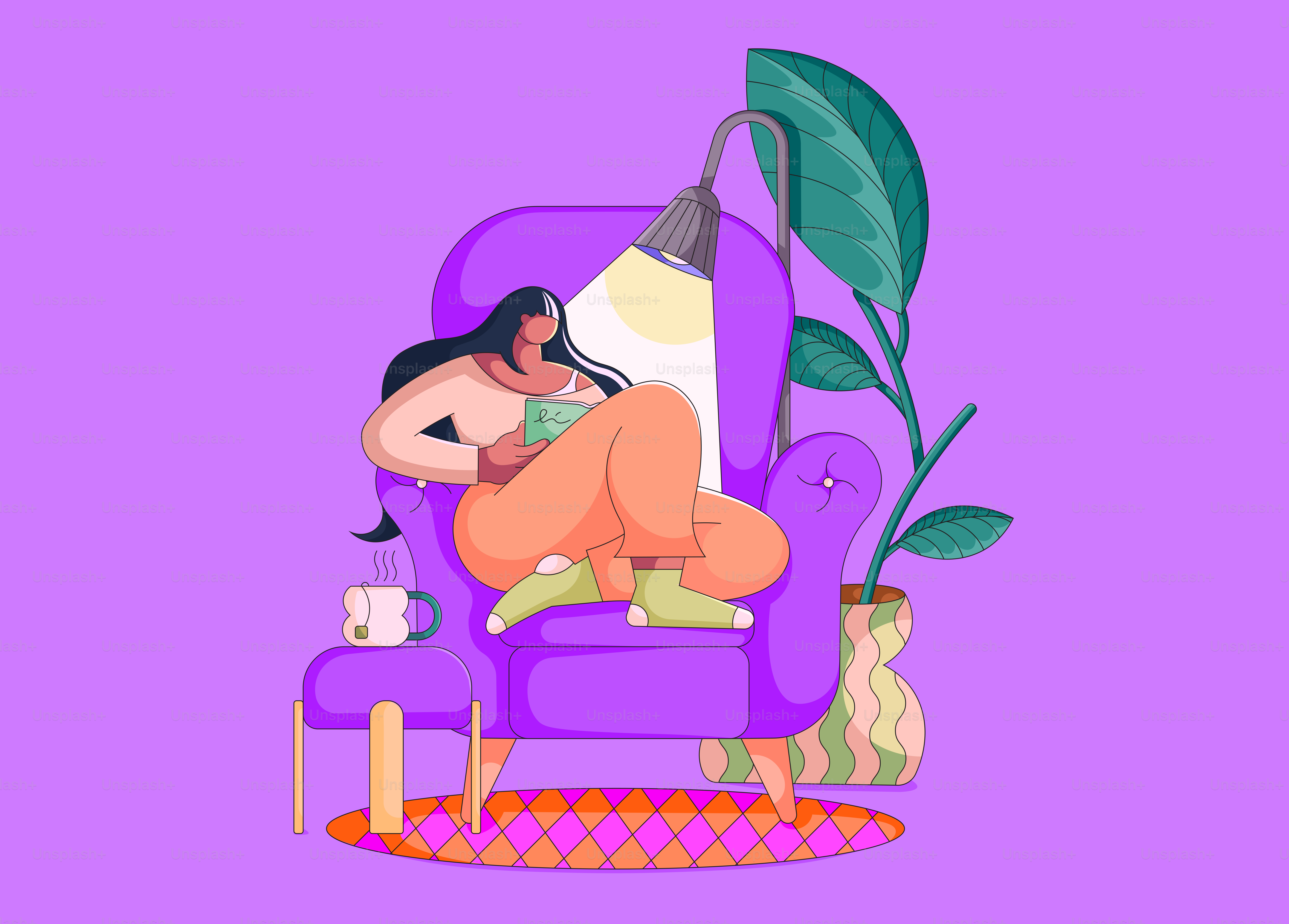A woman is sitting on a purple couch