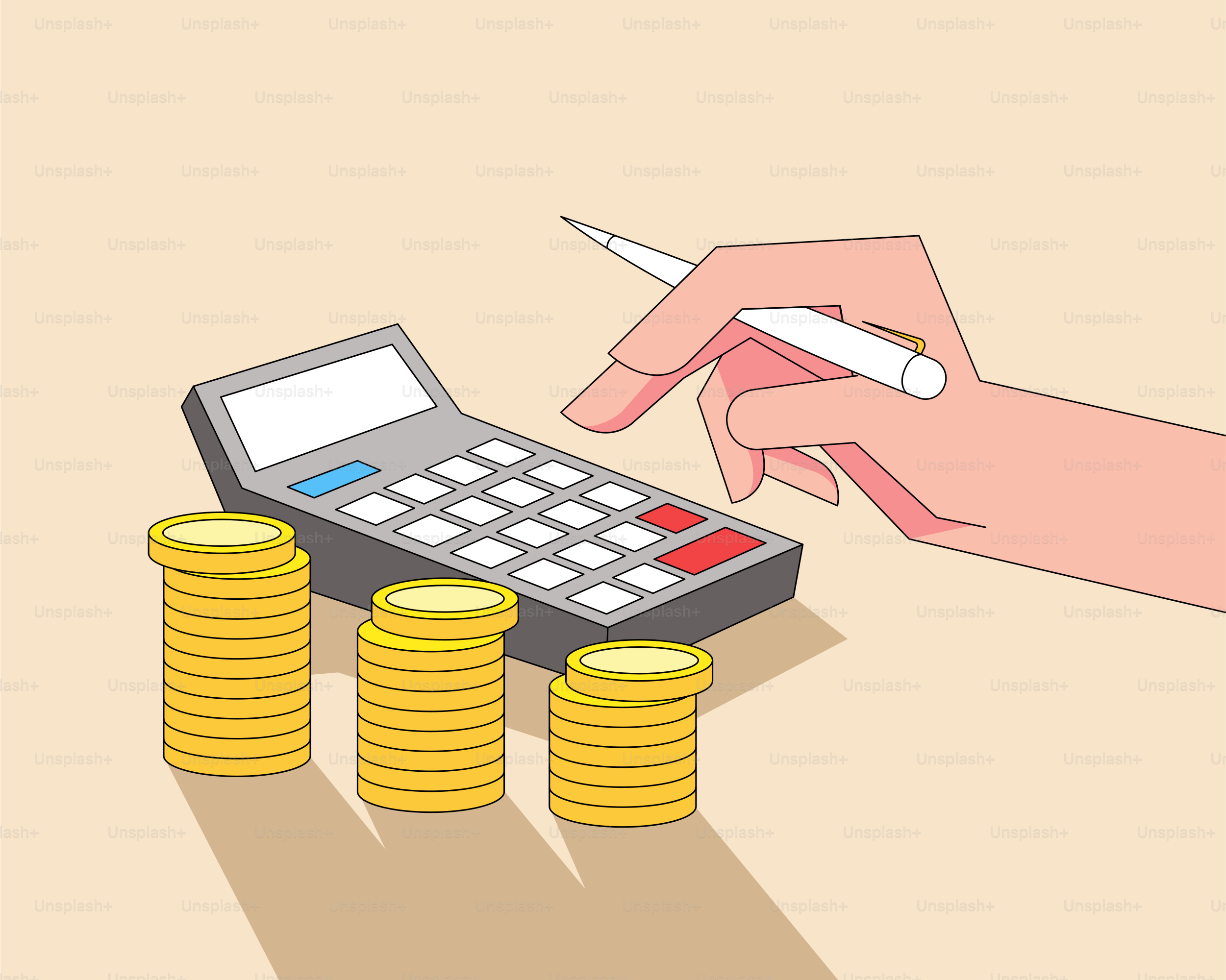 Ein Taschenrechner und eine Hand mit einem Stift über Münzstapeln