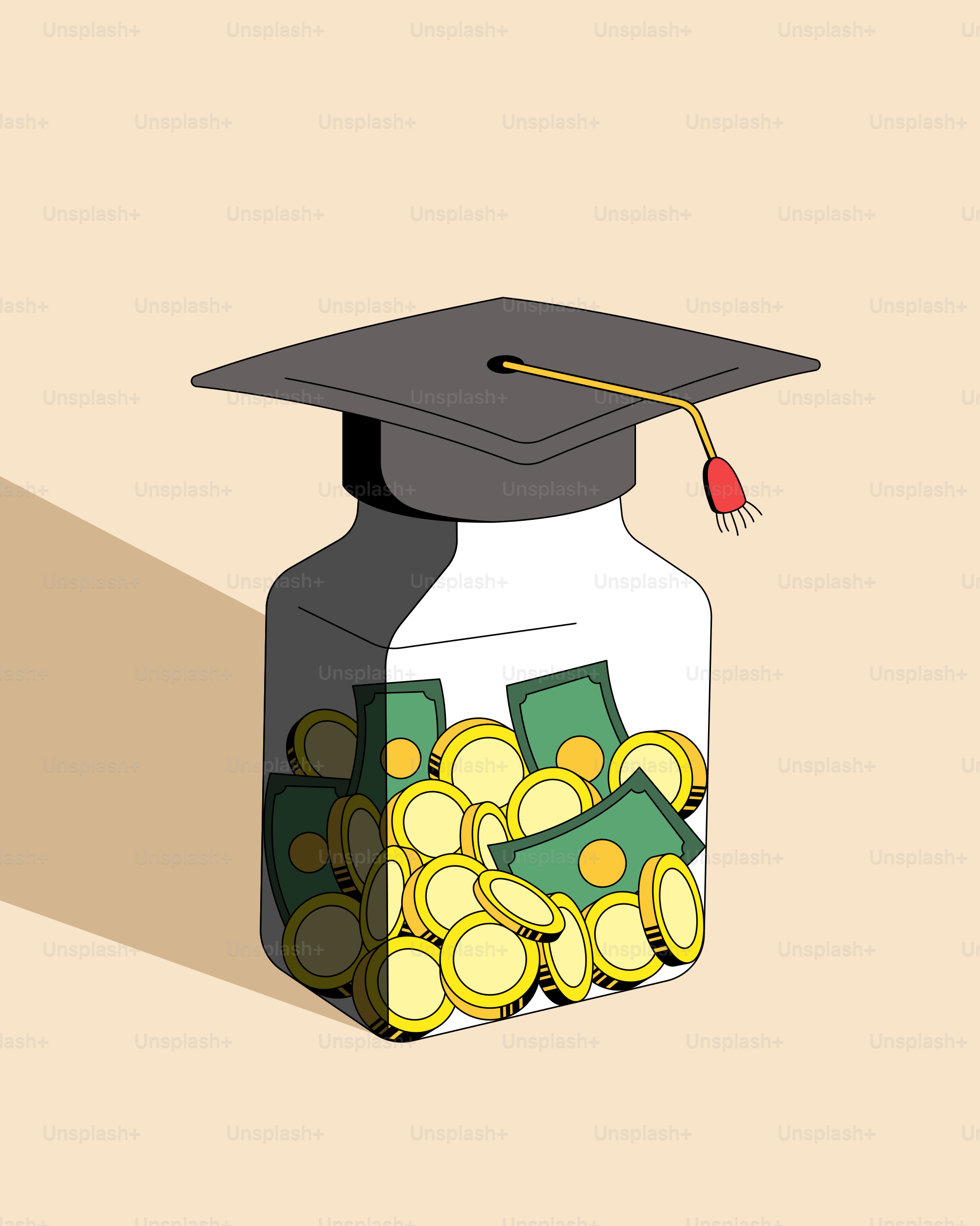 Un capuchon de graduation sur un pot rempli d’argent