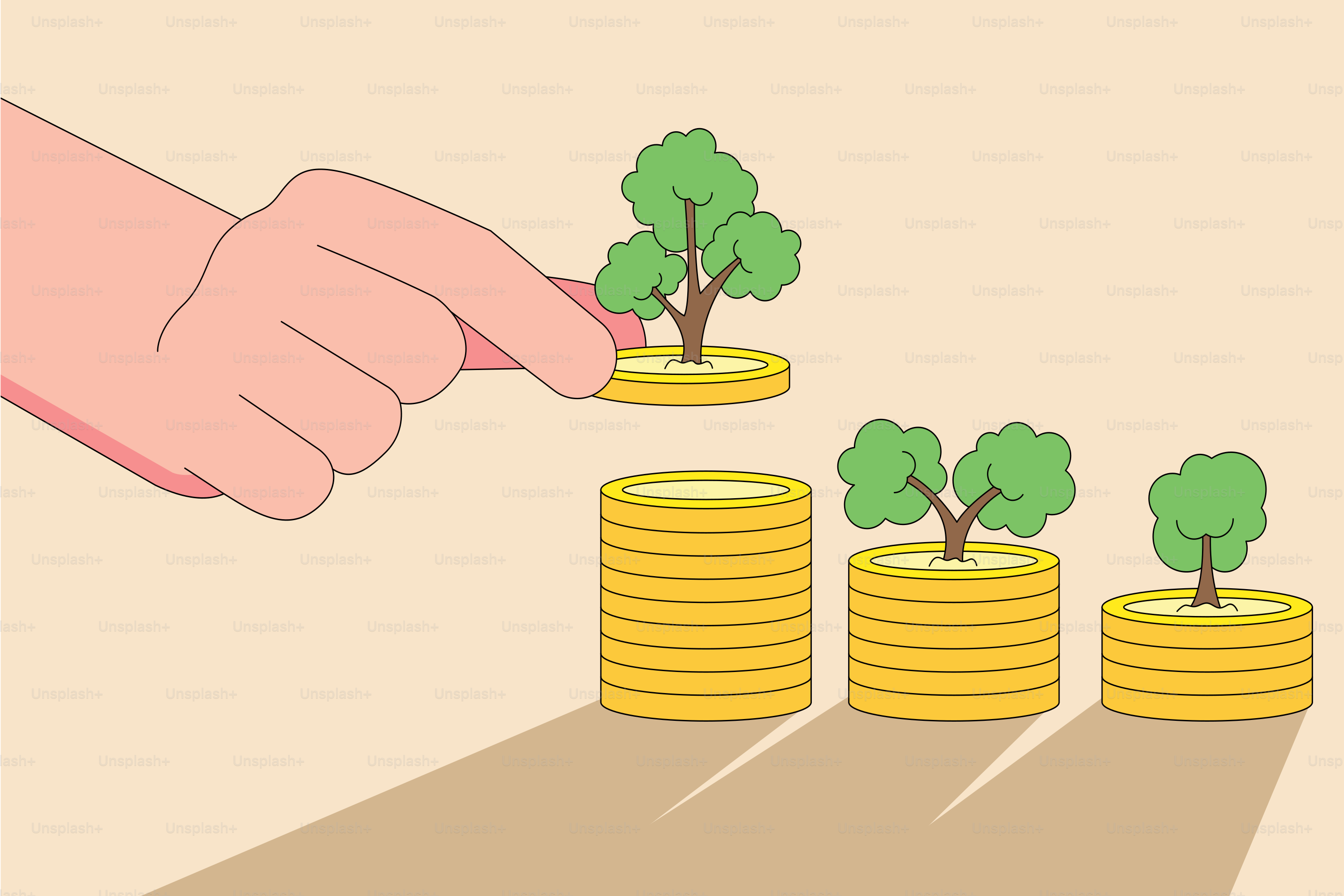 A hand putting a coin into a pile of gold coins