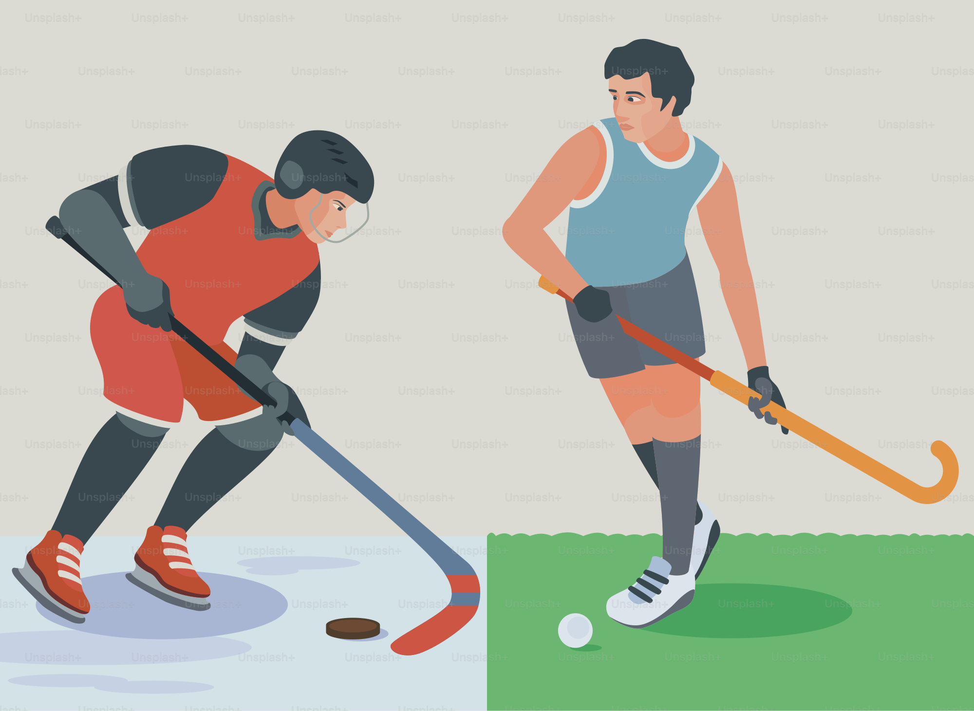 A couple of men playing a game of field hockey