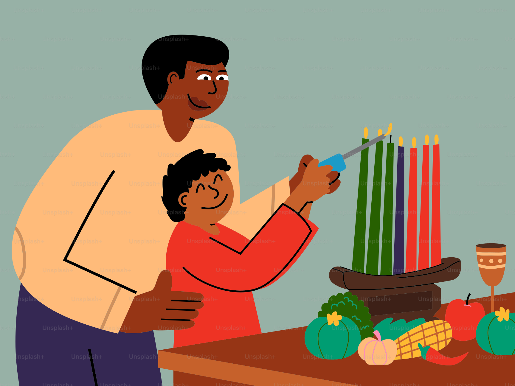 Un hombre y un niño de pie frente a una mesa con velas