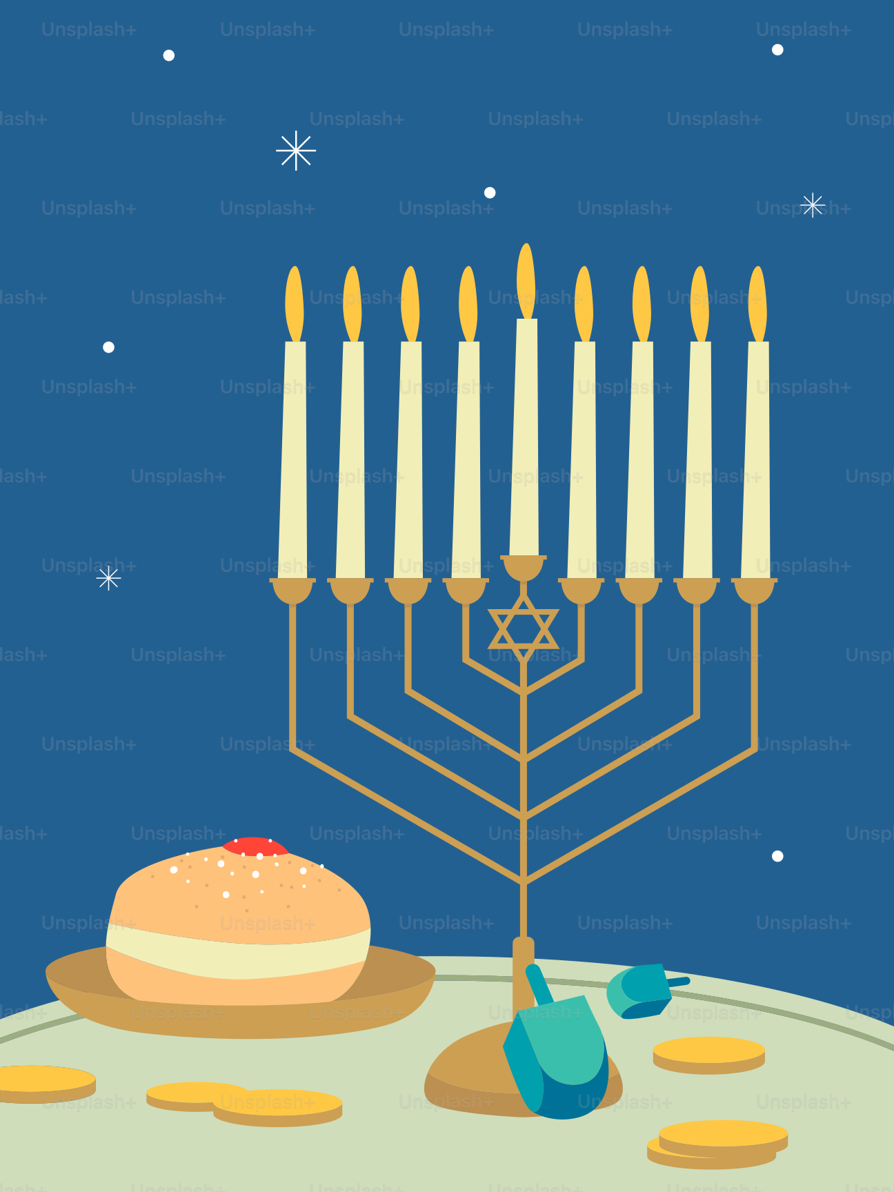 A menorah with candles and a cake on a table