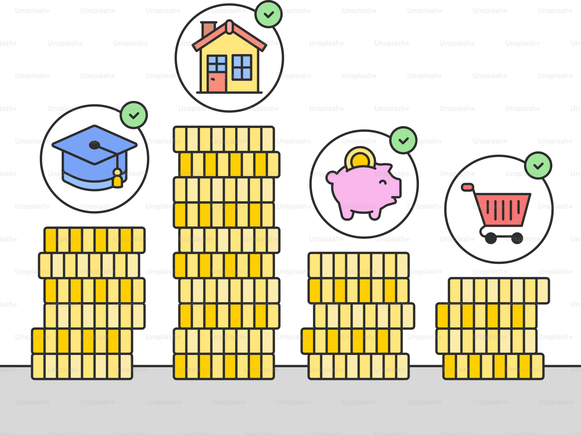 A line of stacks of coins with a piggy bank on top