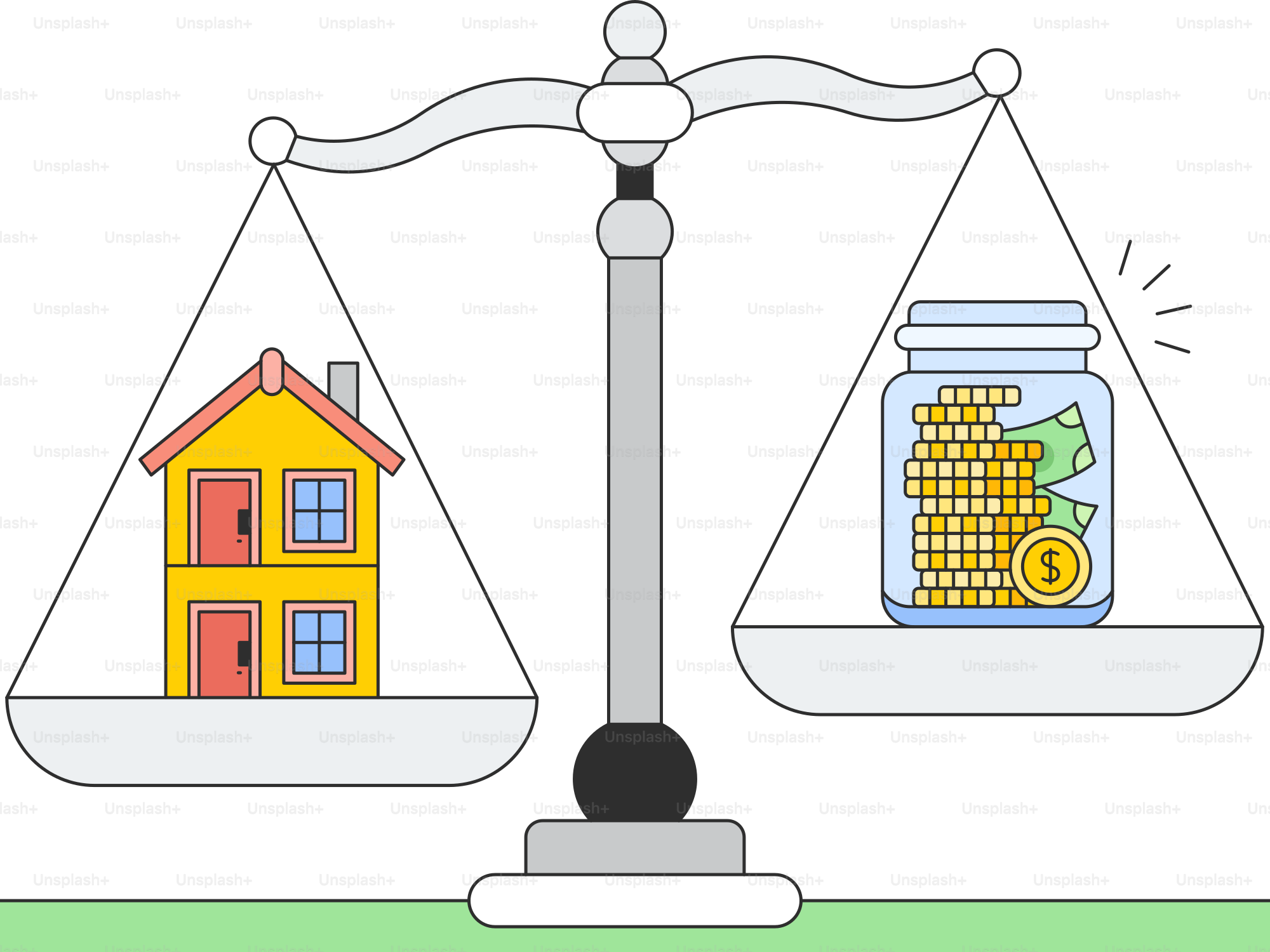 A scale with a house and a jar of money on it