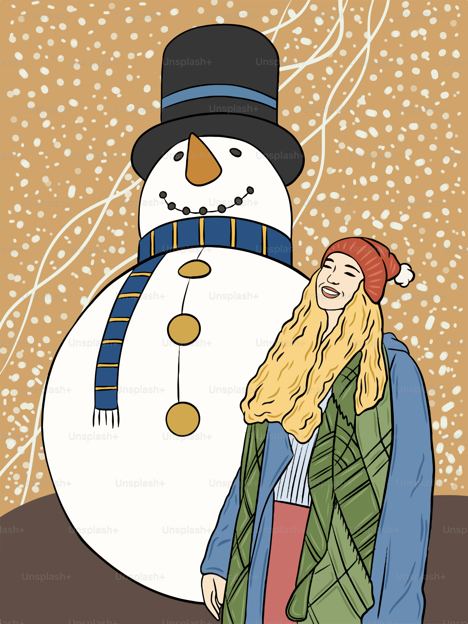 A woman standing in front of a snowman