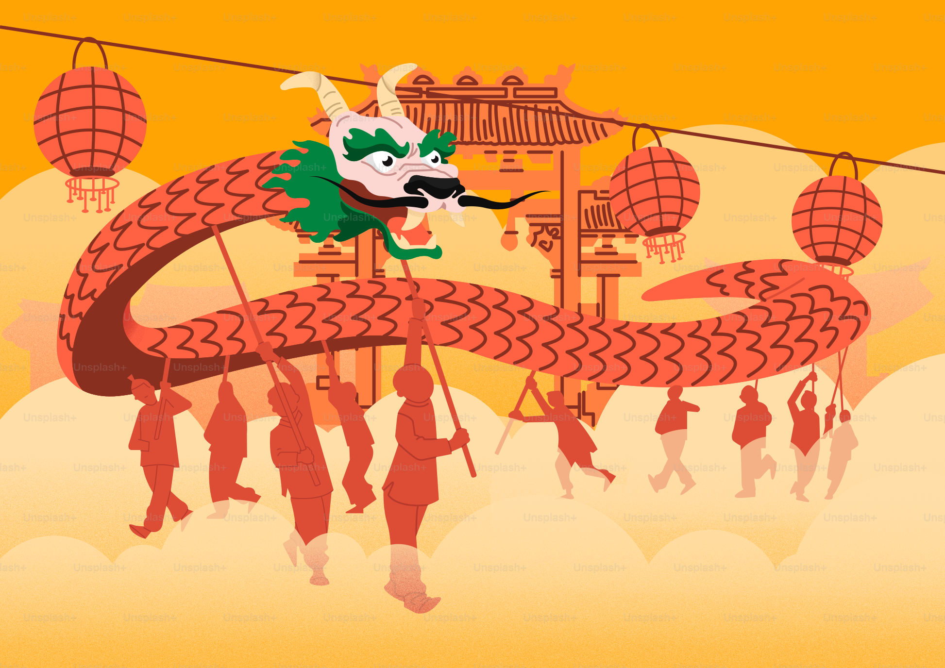 A chinese dragon with people around it