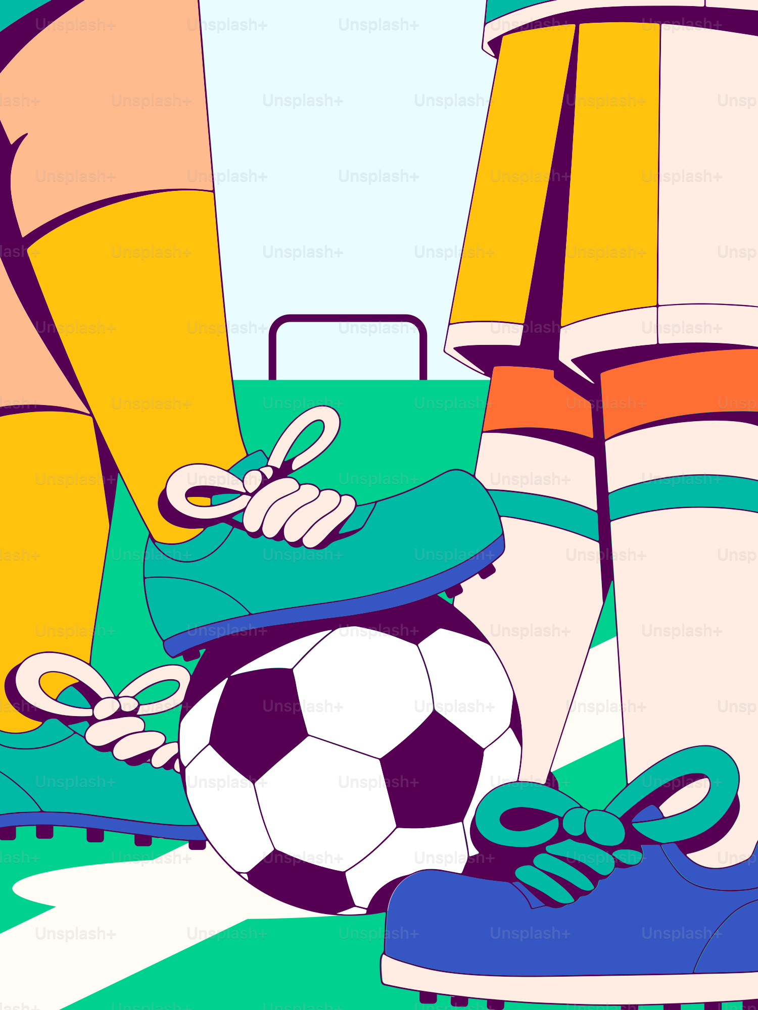 A painting of a soccer player with his foot on a soccer ball