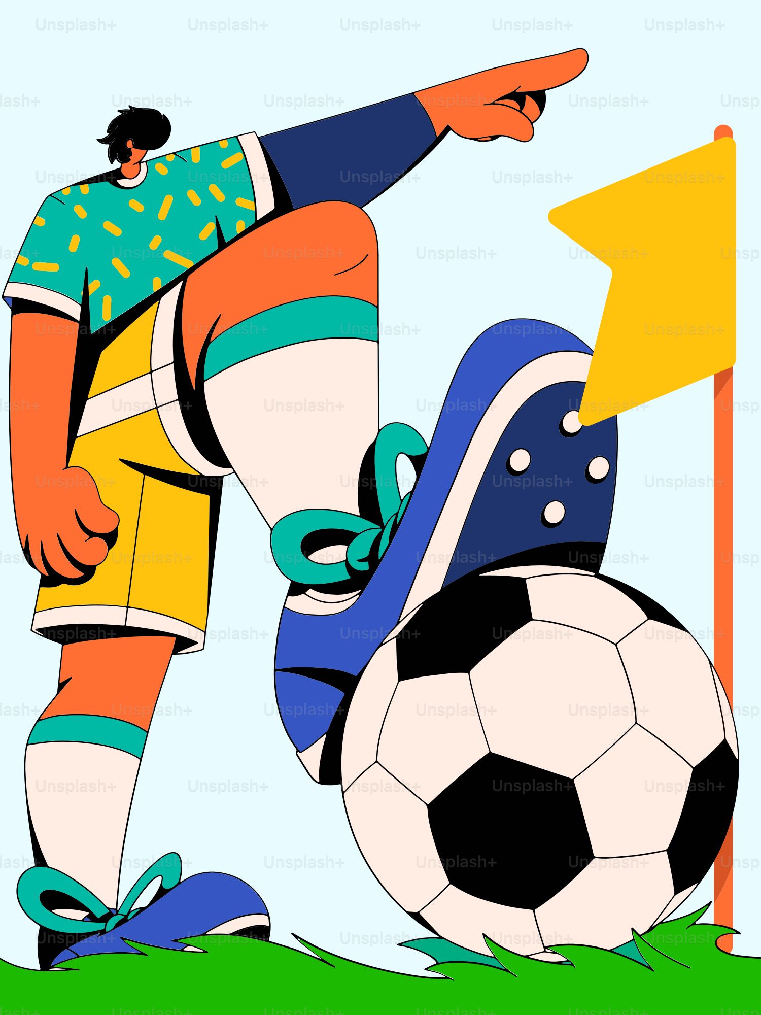 A cartoon of a person kicking a soccer ball