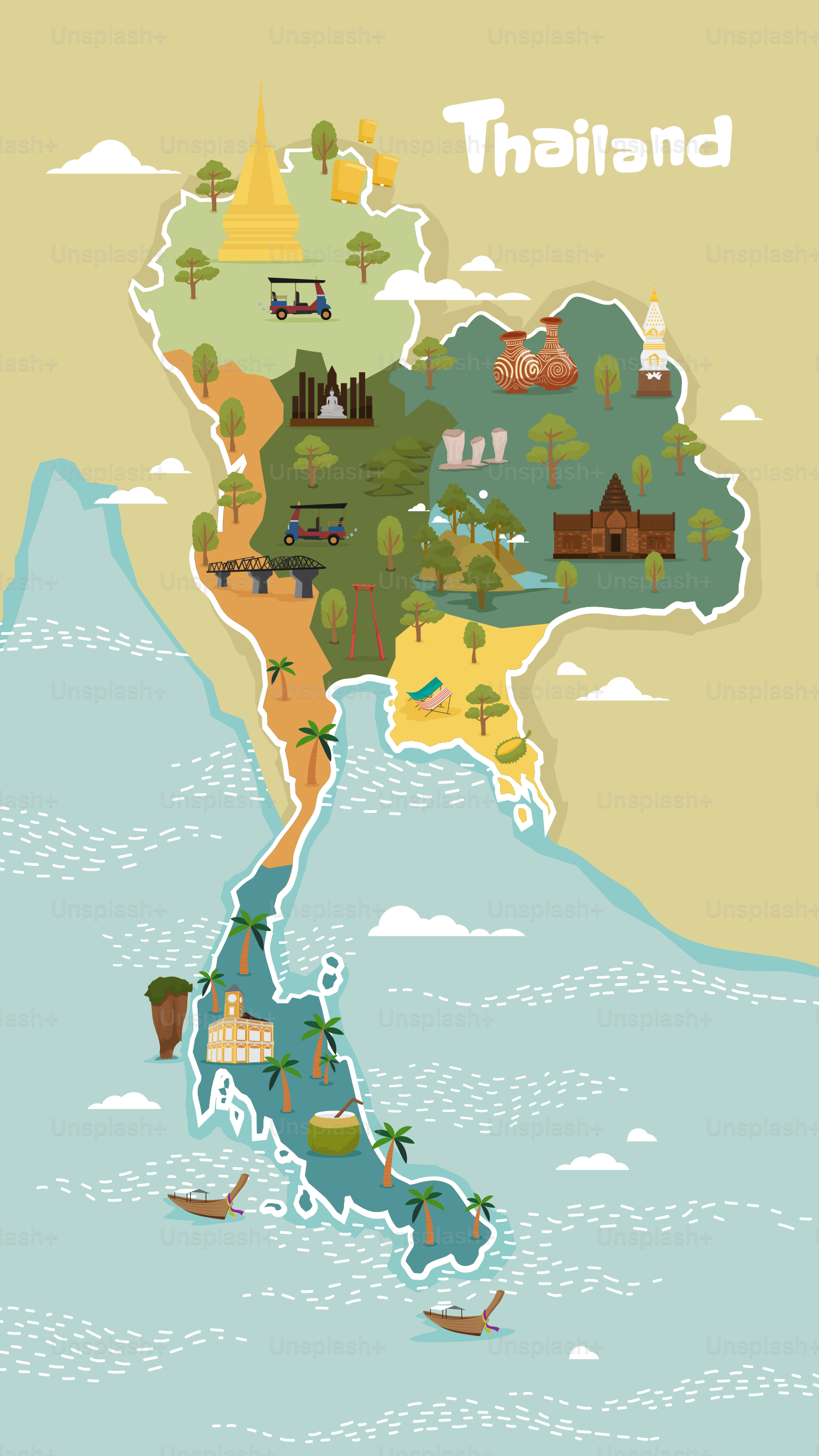 A map of thailand with a lot of different things on it