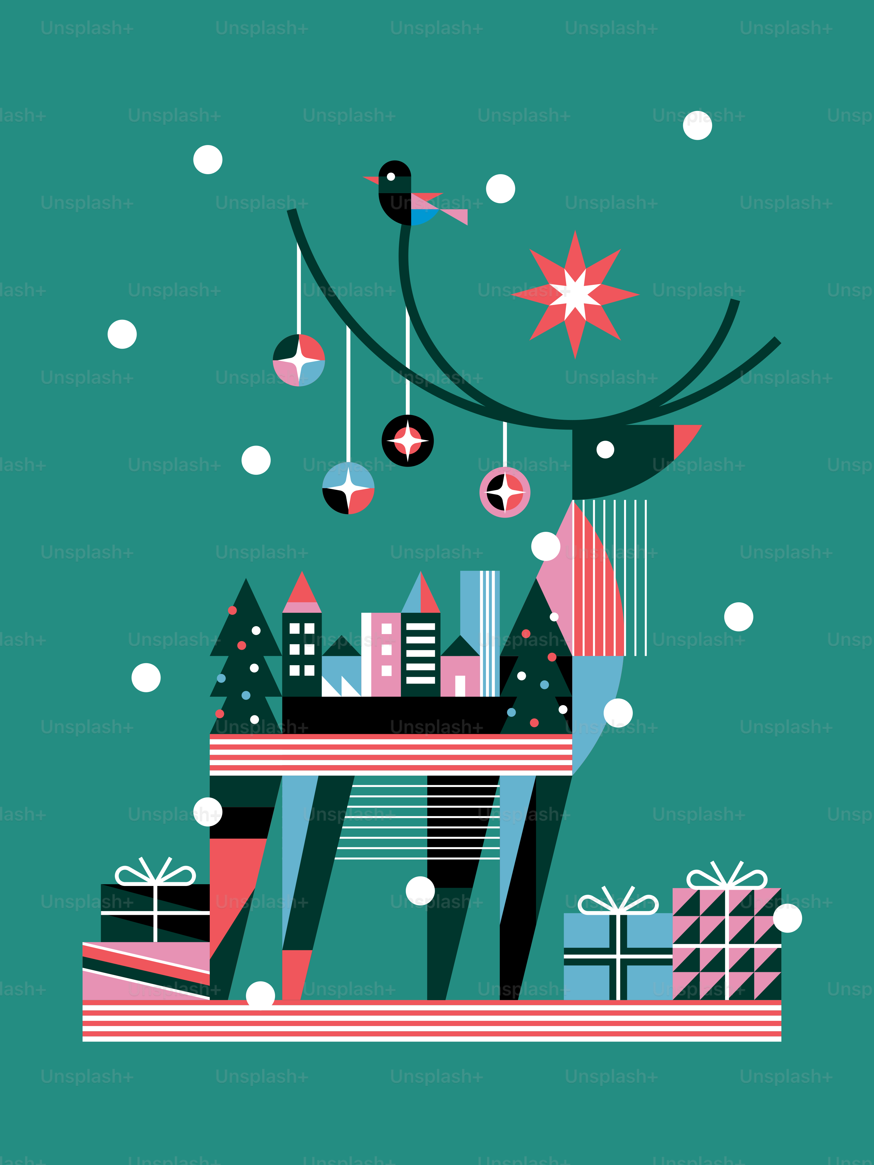 A christmas card with an image of a city