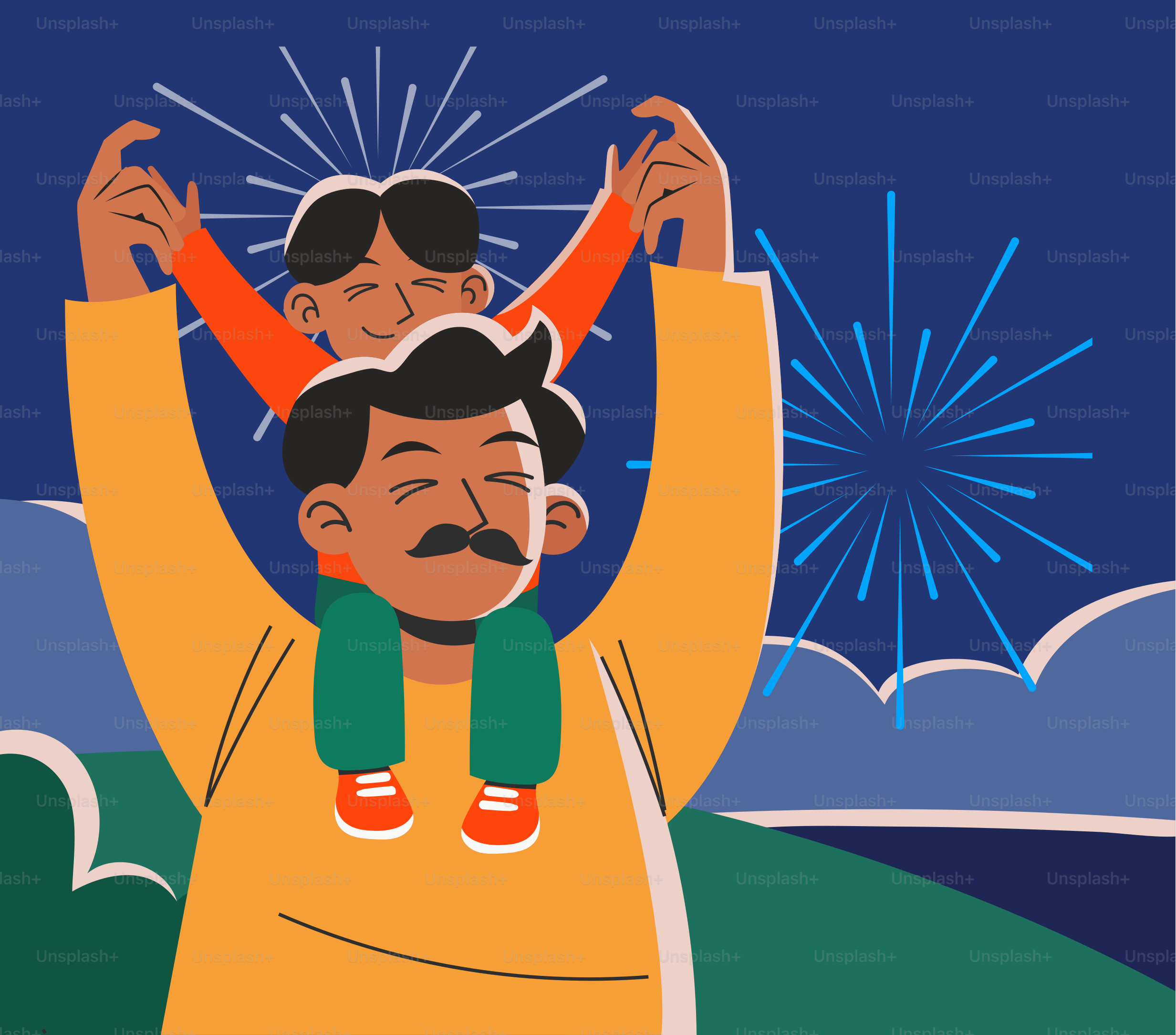 A man holding a child on his shoulders with fireworks in the background