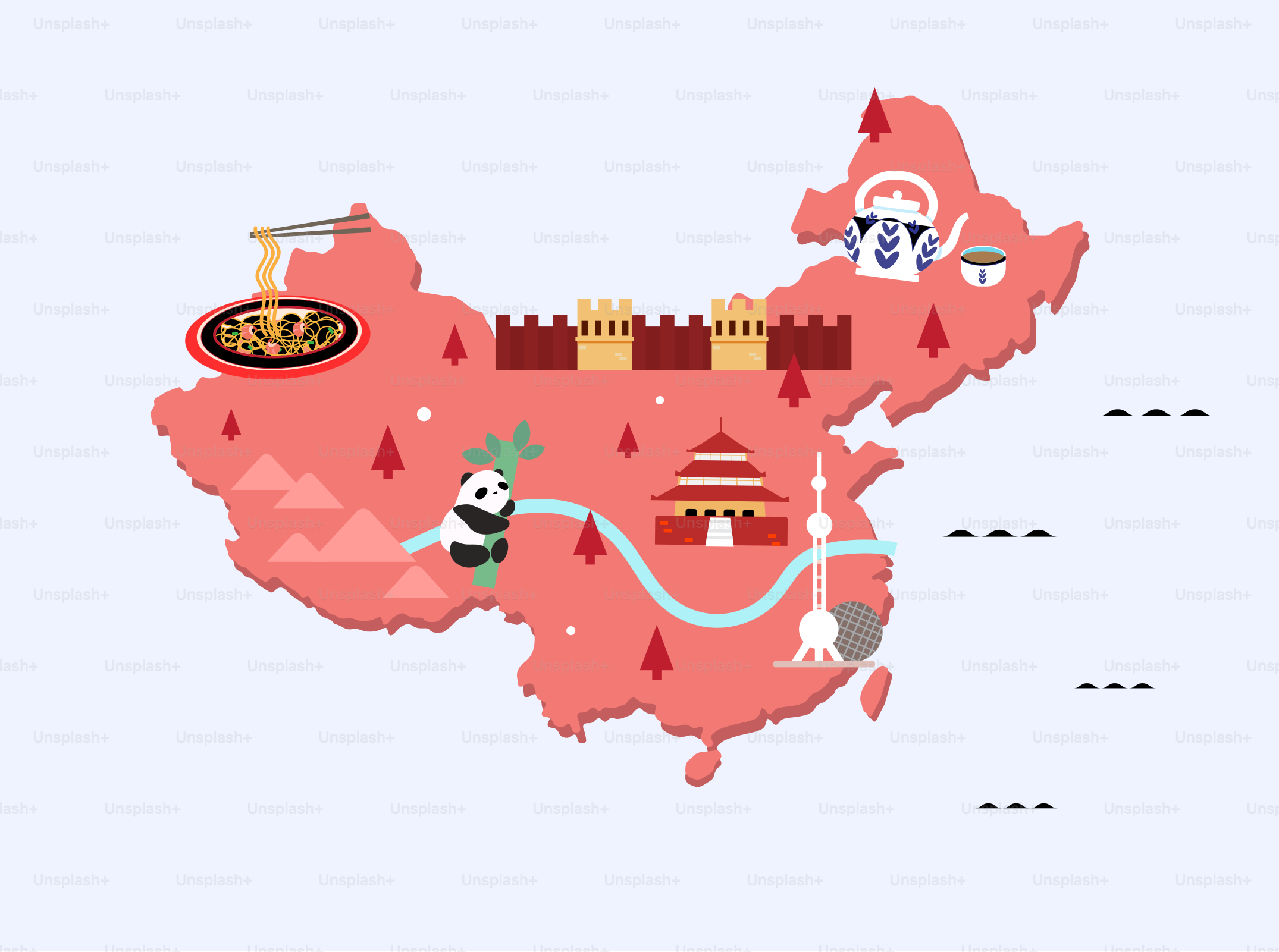 A map of china with a lot of things on it