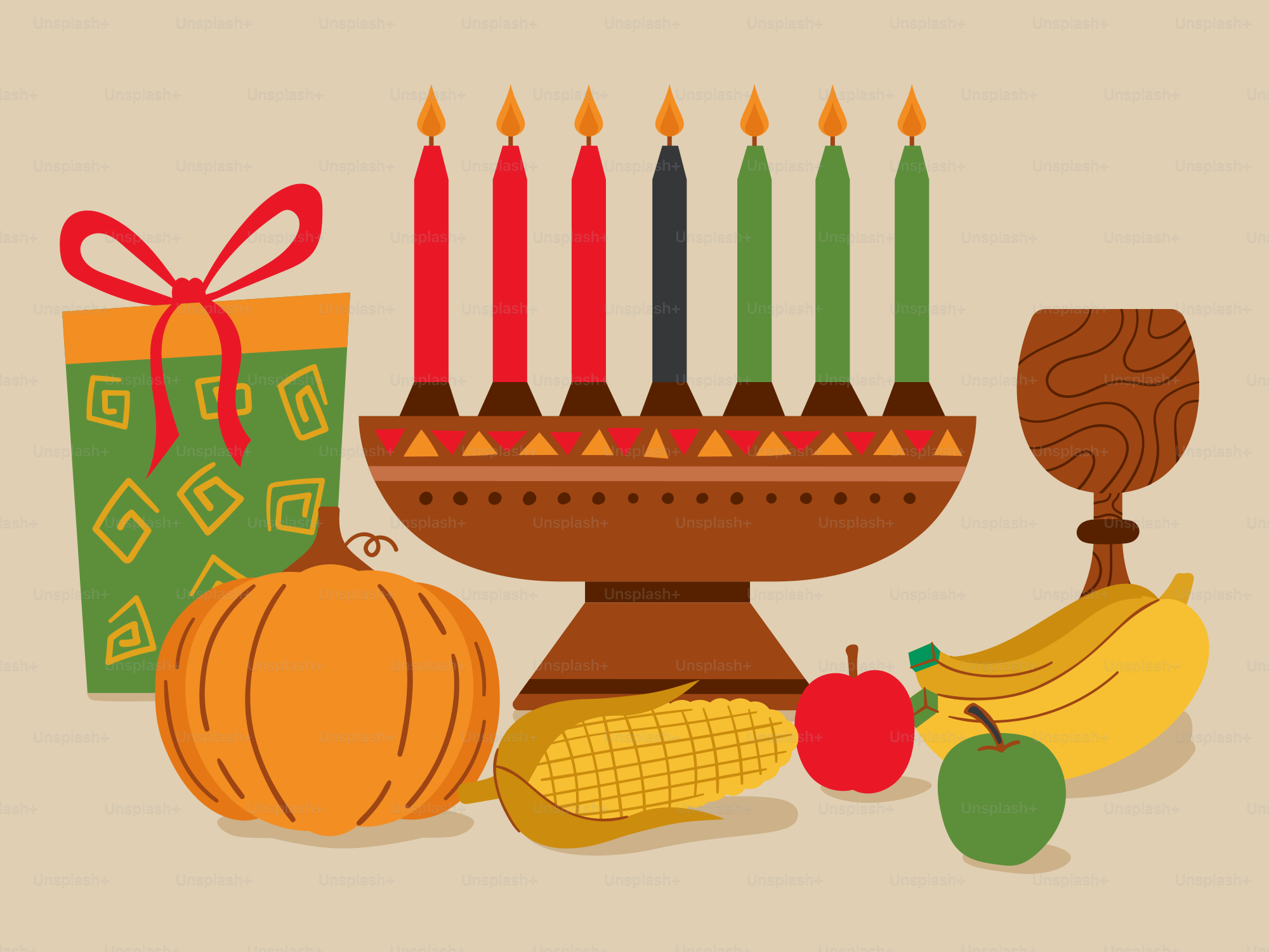 A hanukkah menorah with candles and fruits