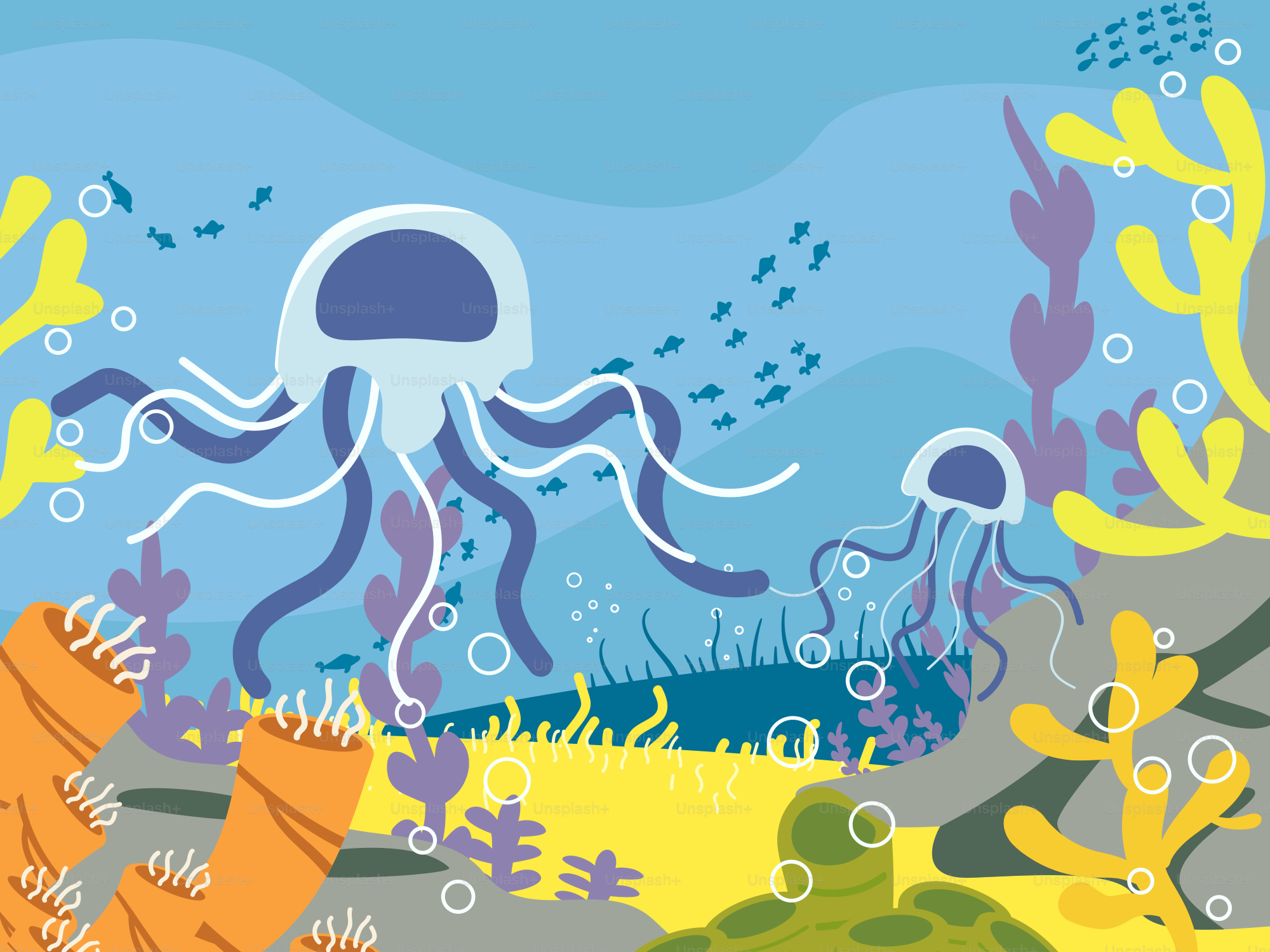 An underwater scene with an octopus and jellyfish