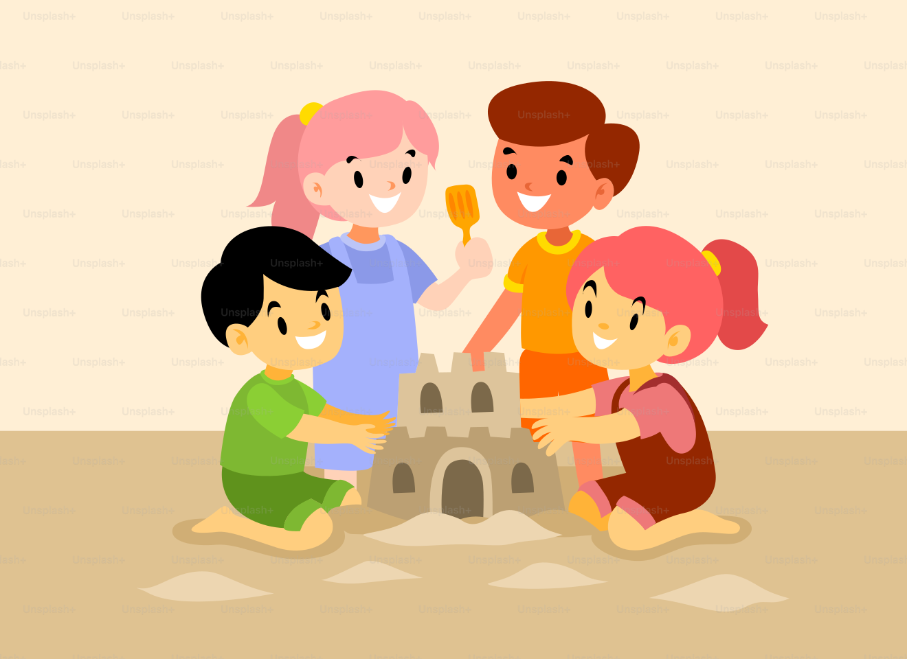 Un grupo de niños jugando frente a un castillo de arena