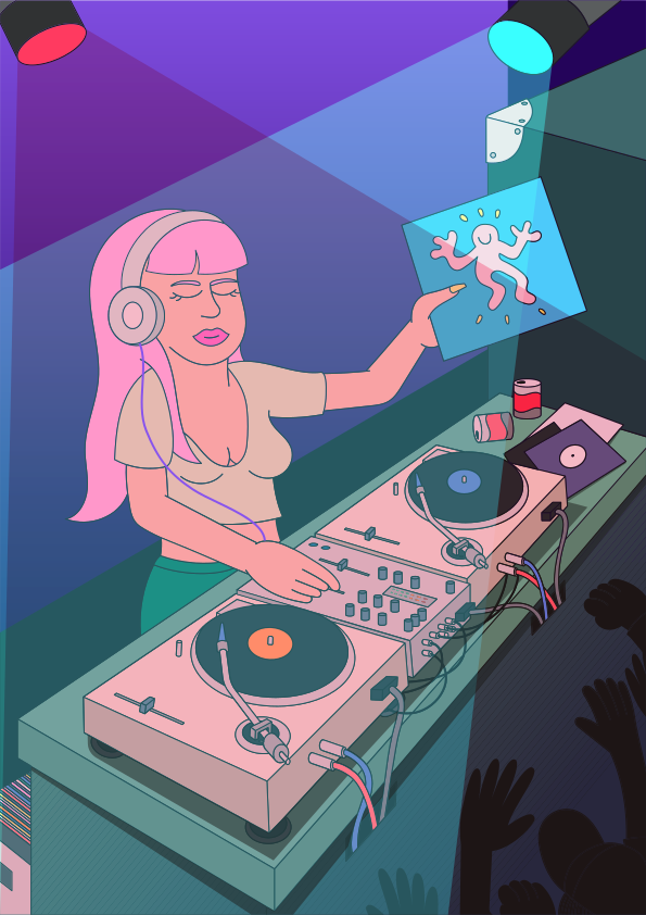 Une femme avec un casque jouant de la musique sur une platine