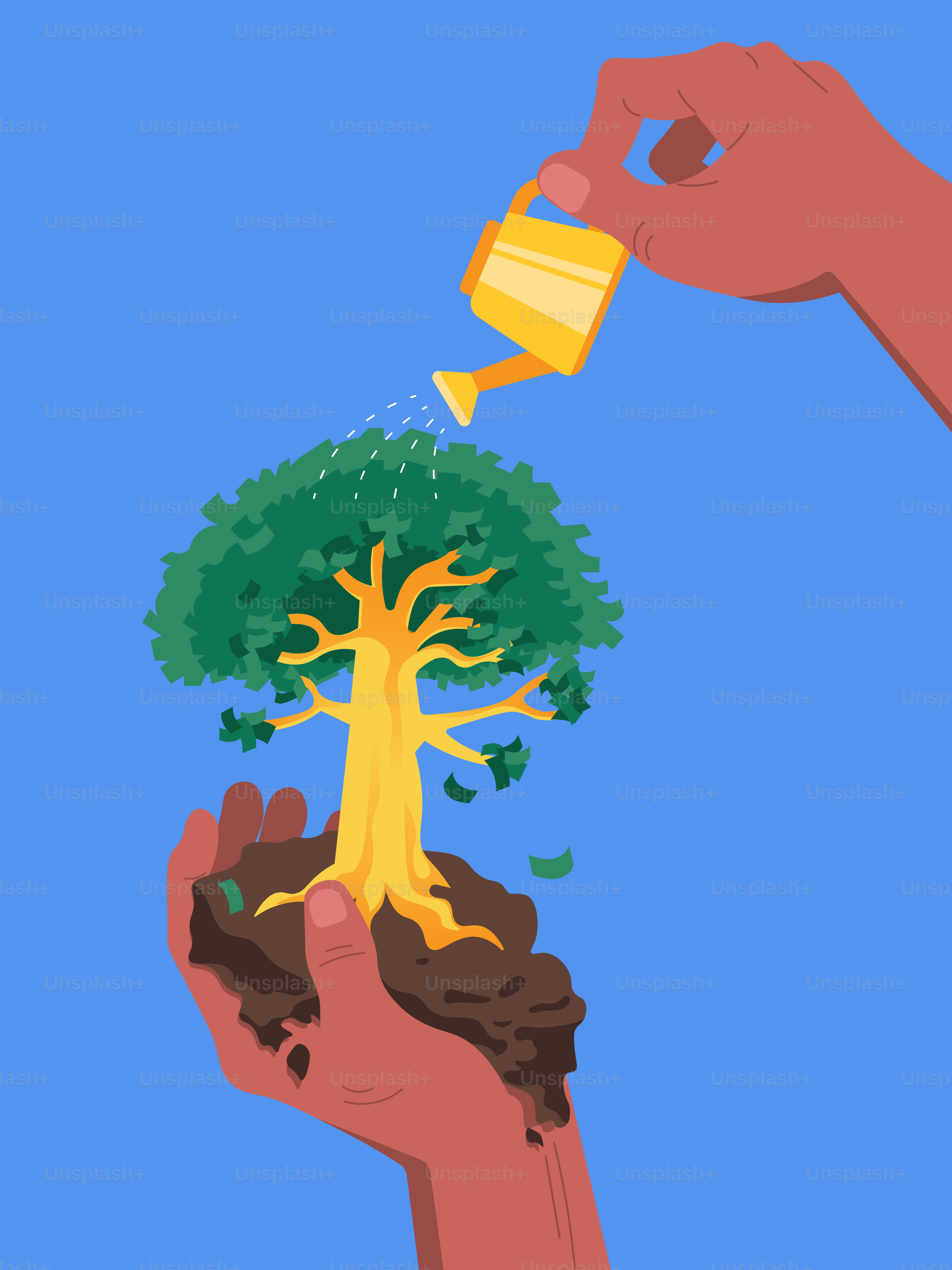 Two hands holding a tree and watering water