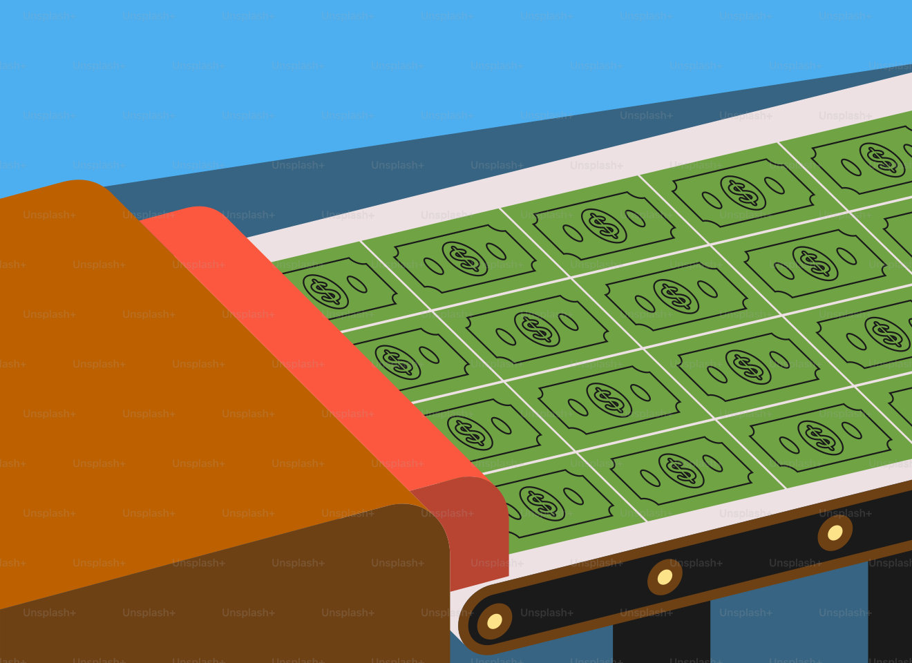 나무 의자 위에 쌓인 돈 더미